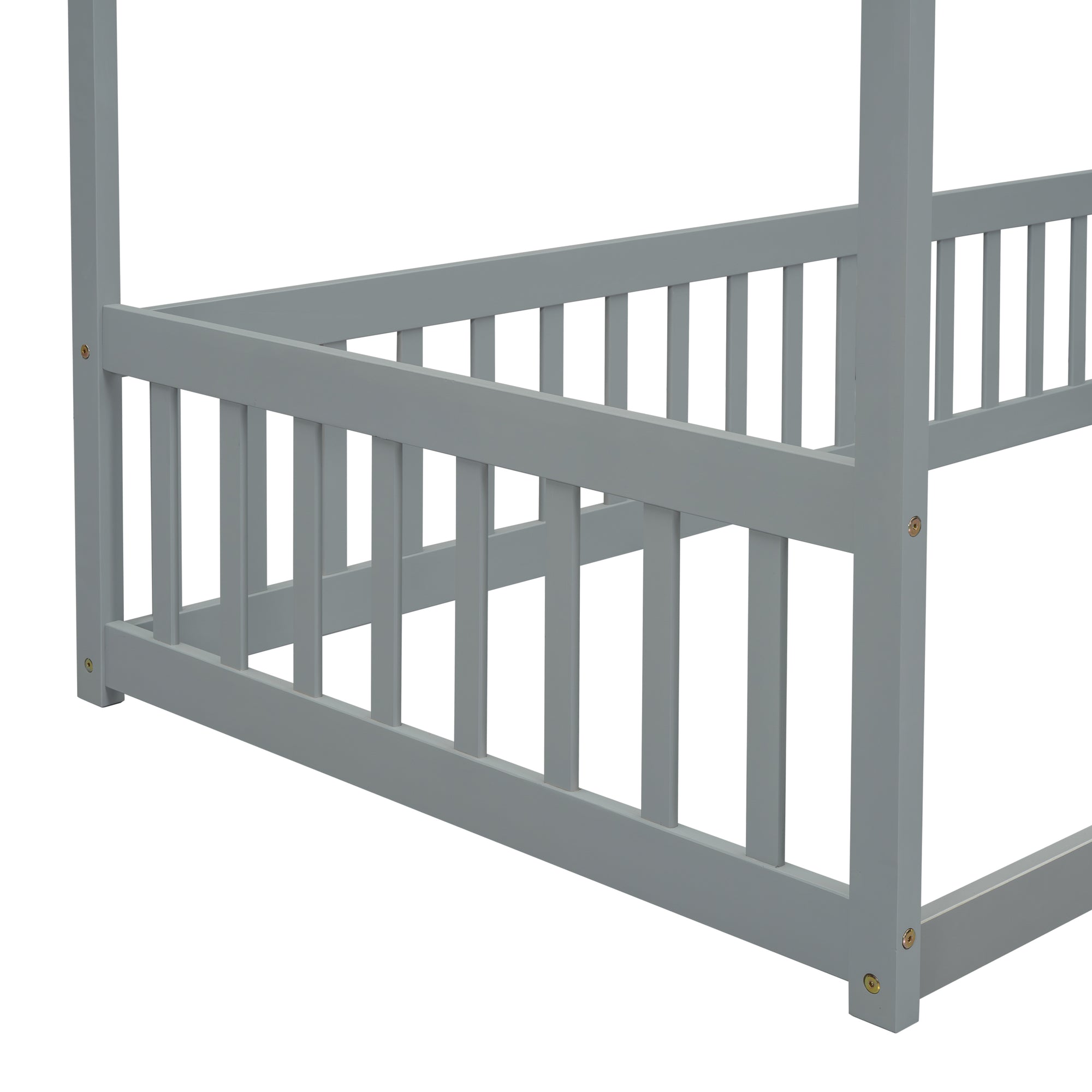 Gray Twin Size Canopy Frame Floor Bed with Fence and Guardrails