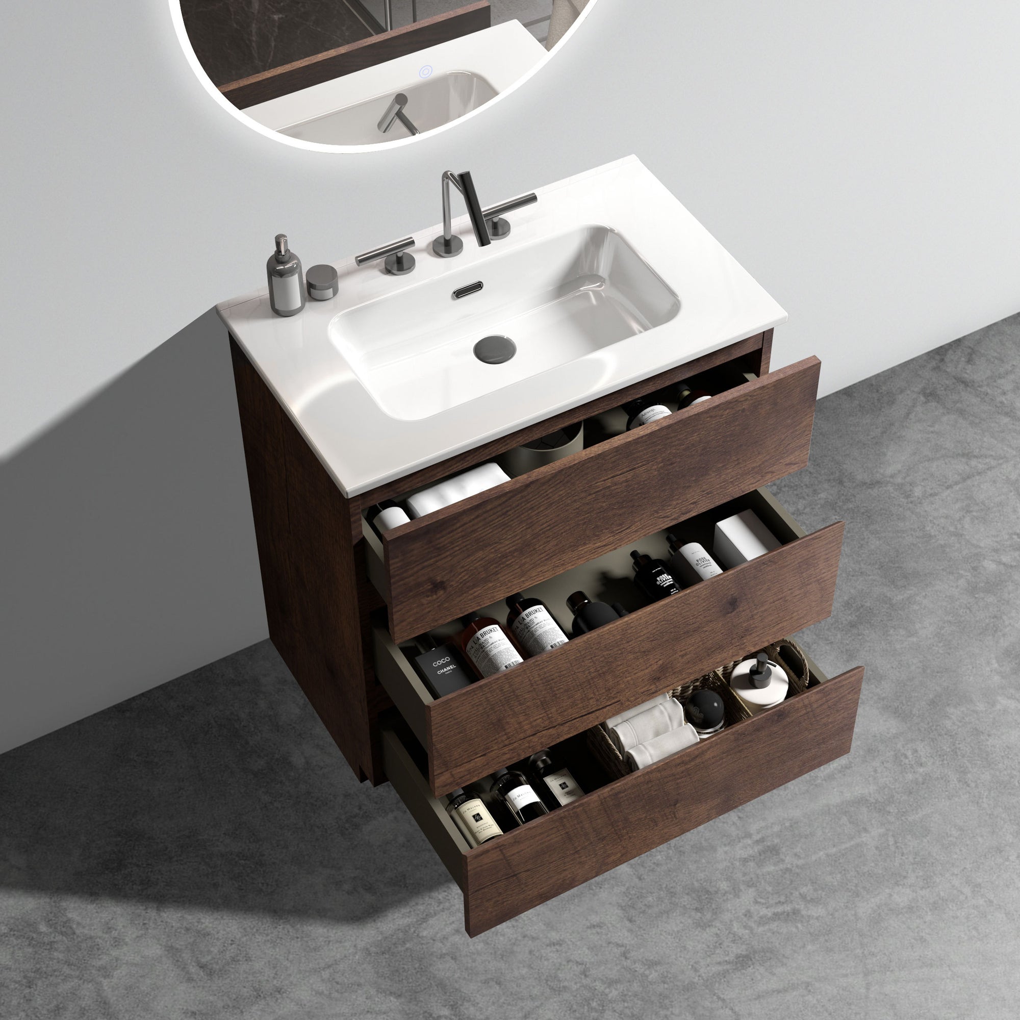 30' Walnut Bathroom Vanity with Sink and 3 Faucet Holes Large Storage Freestanding Design One-Piece White Sink Basin Pre-Assembled In White and Walnut