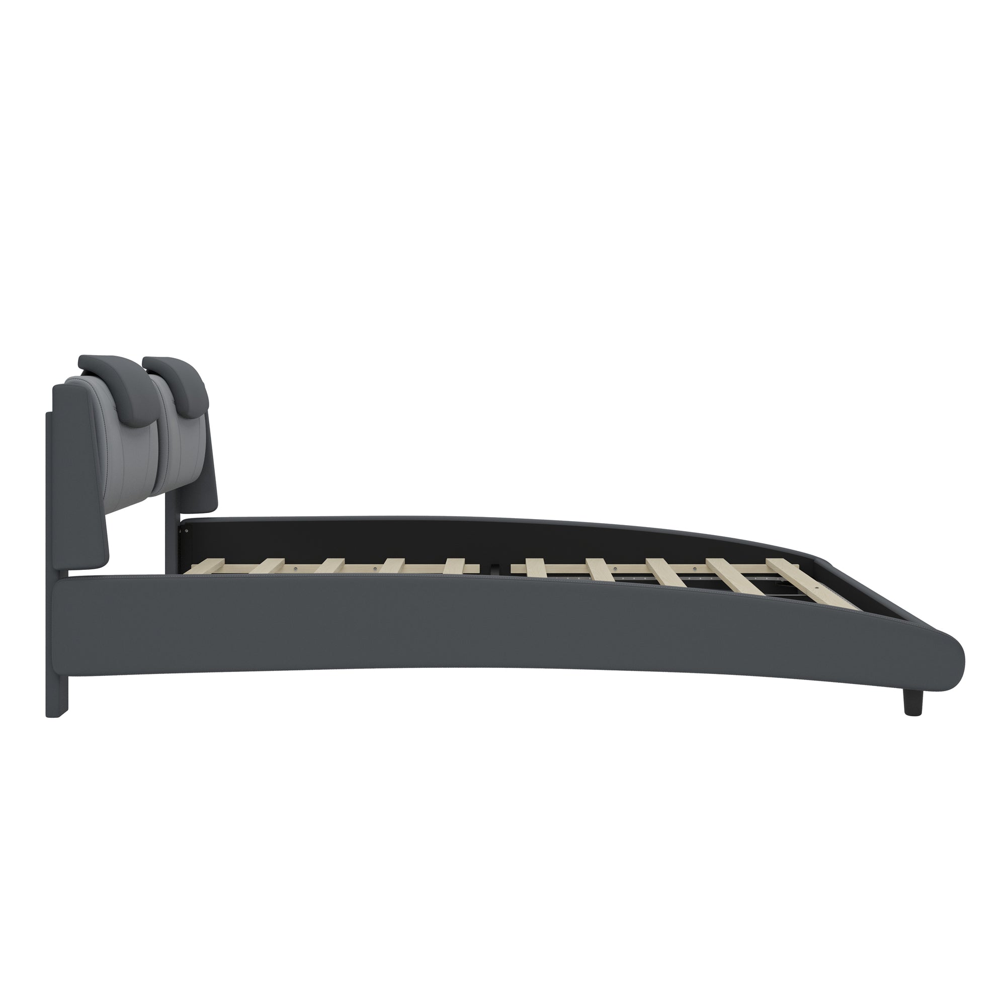 Gray Queen Faux Leather Wave-Like Curve Bed Frame with LED Lighting