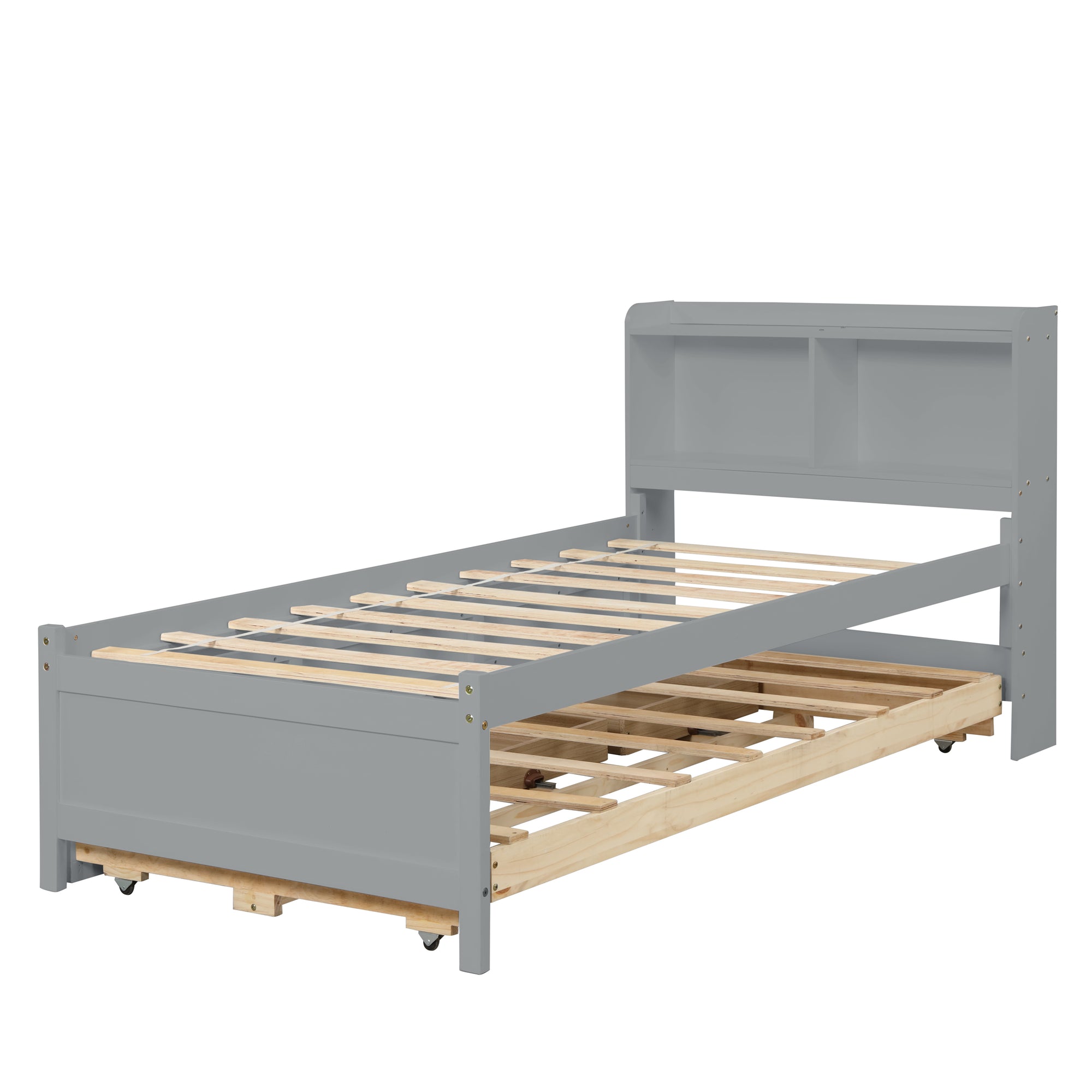 Twin Bed with Bookcase, Trundle, and Storage Drawers in Grey