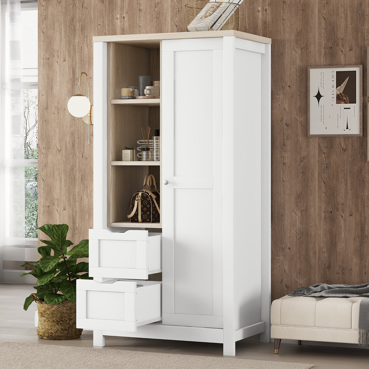 Bedroom Storage Wardrobe with Hanging Rods and 2 Drawers and Open Shelves Sliding Door In White