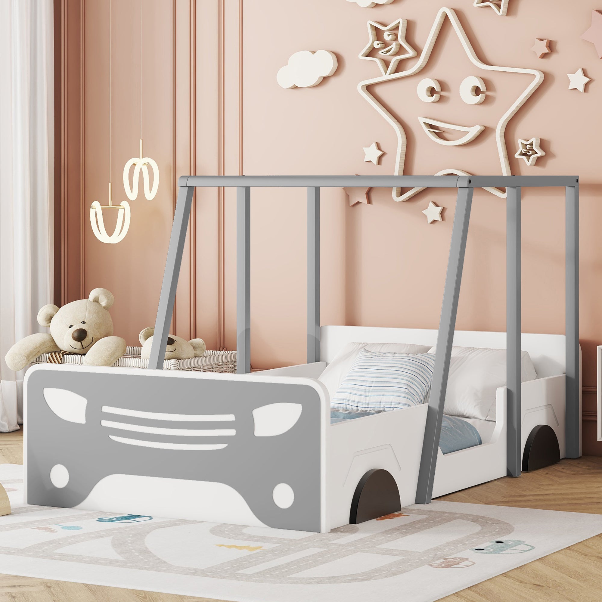 Gray Twin Size Car-Shaped Bed with Roof and Wooden Wheels