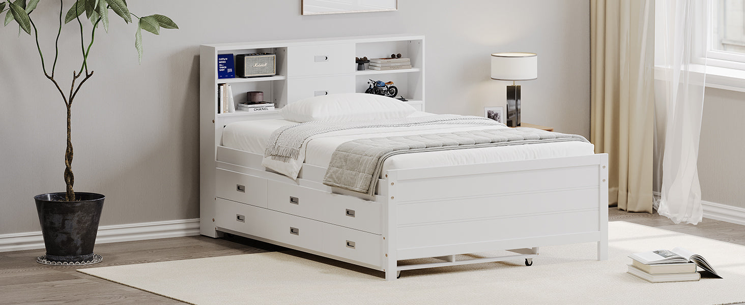 White Twin Platform Bed with Trundle, Drawers, and Storage Headboard