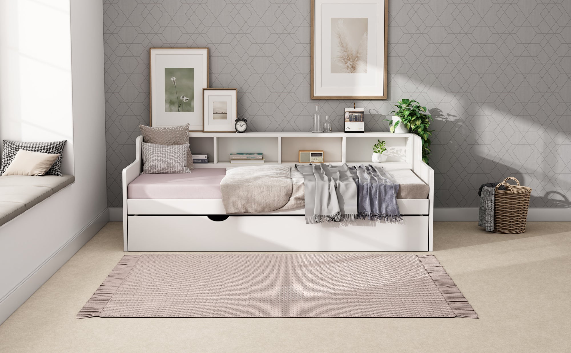 White Twin Daybed with Trundle and Storage Shelves