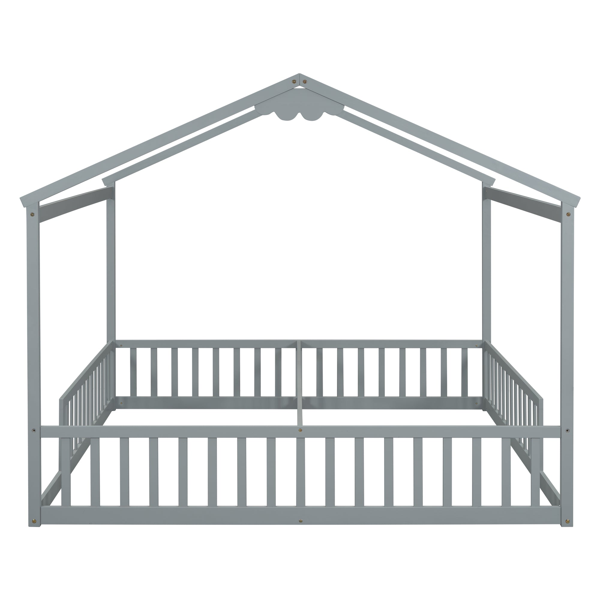 Gray Double Twin House-Style Toddler Floor Bed with Fence and Guardrails