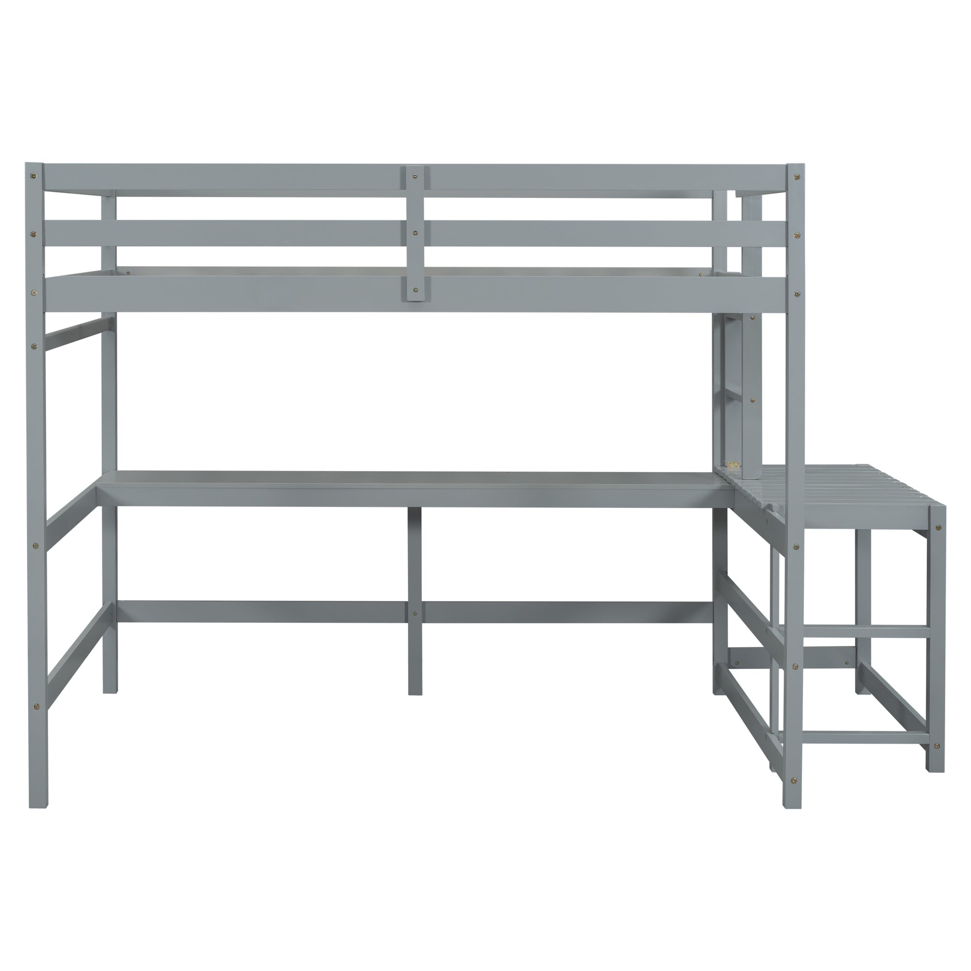 Gray Full Size High Loft Bed with Built-in Desk, Ladder Platform, and Guardrails