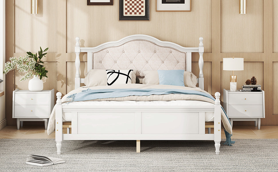 Queen Pine Wooden Bed with Upholstered Headboard and Panel Footboard In White