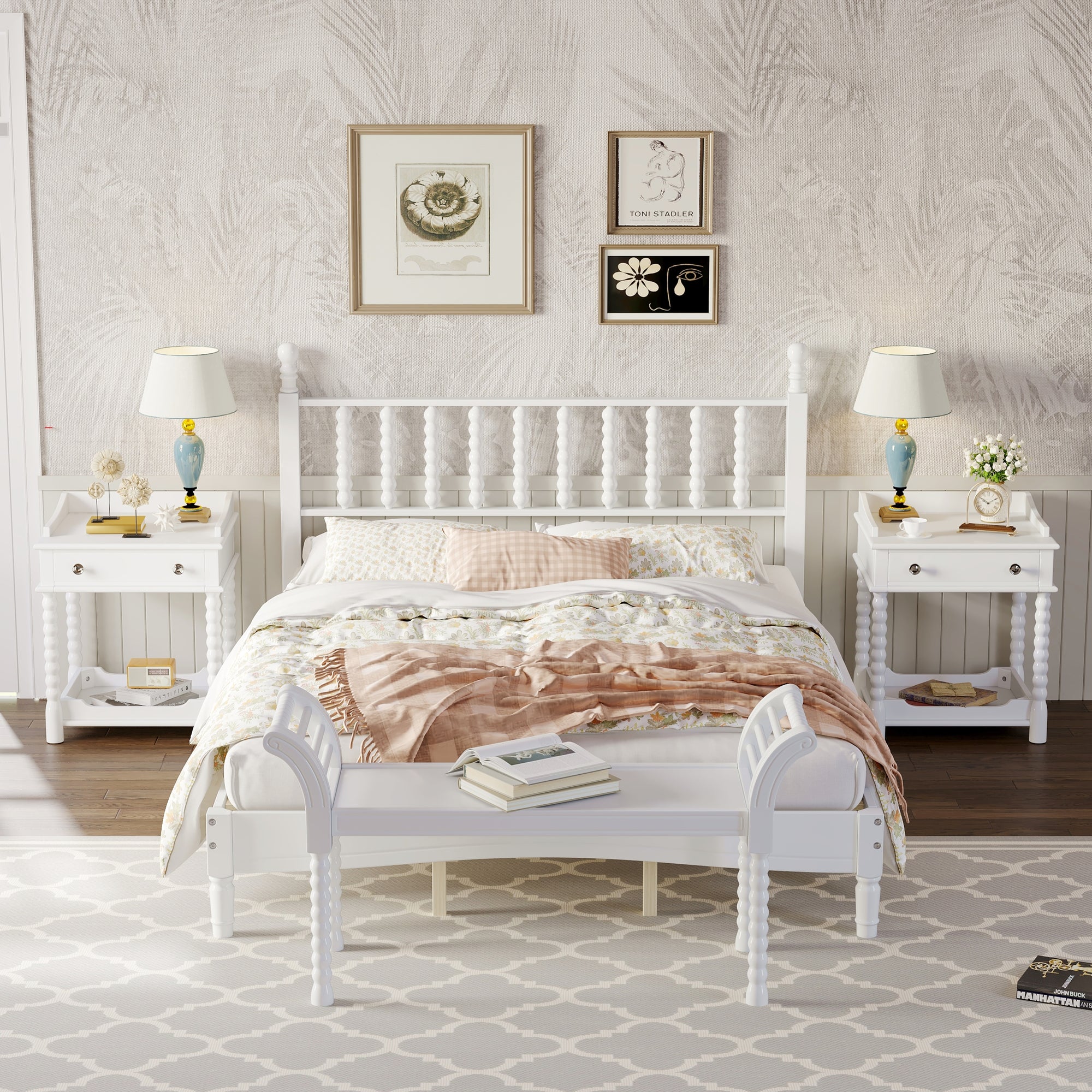 4-Pieces Retro Style Bedroom Set with Queen Platform Bed and Storage Nightstands In White