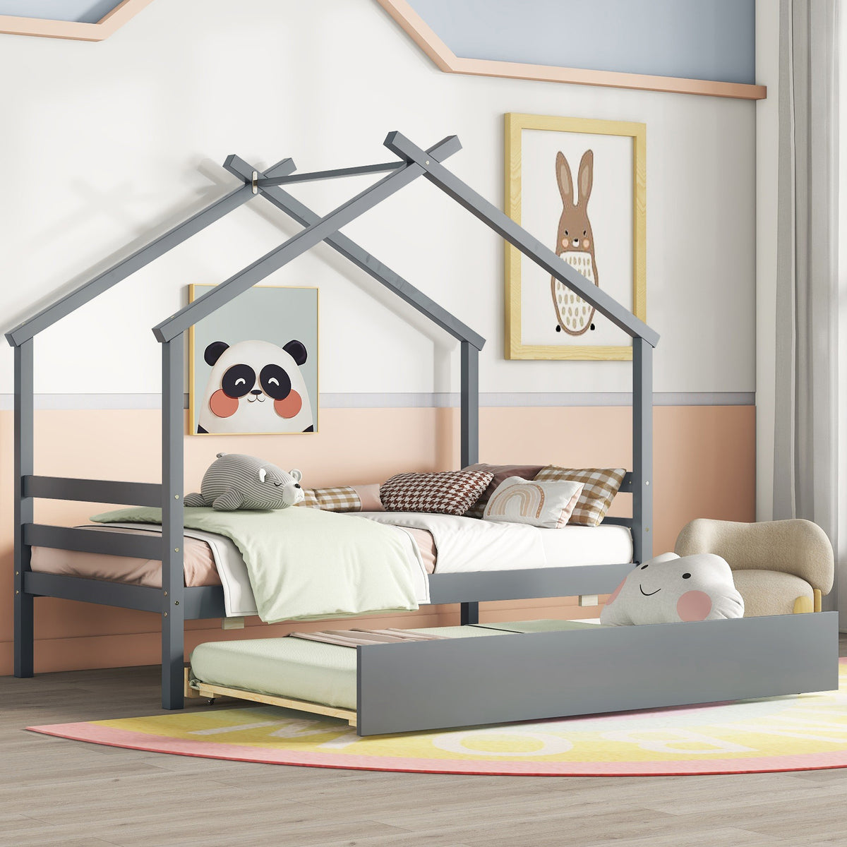 Gray Twin House-Shaped Bed with Pull-Out Trundle