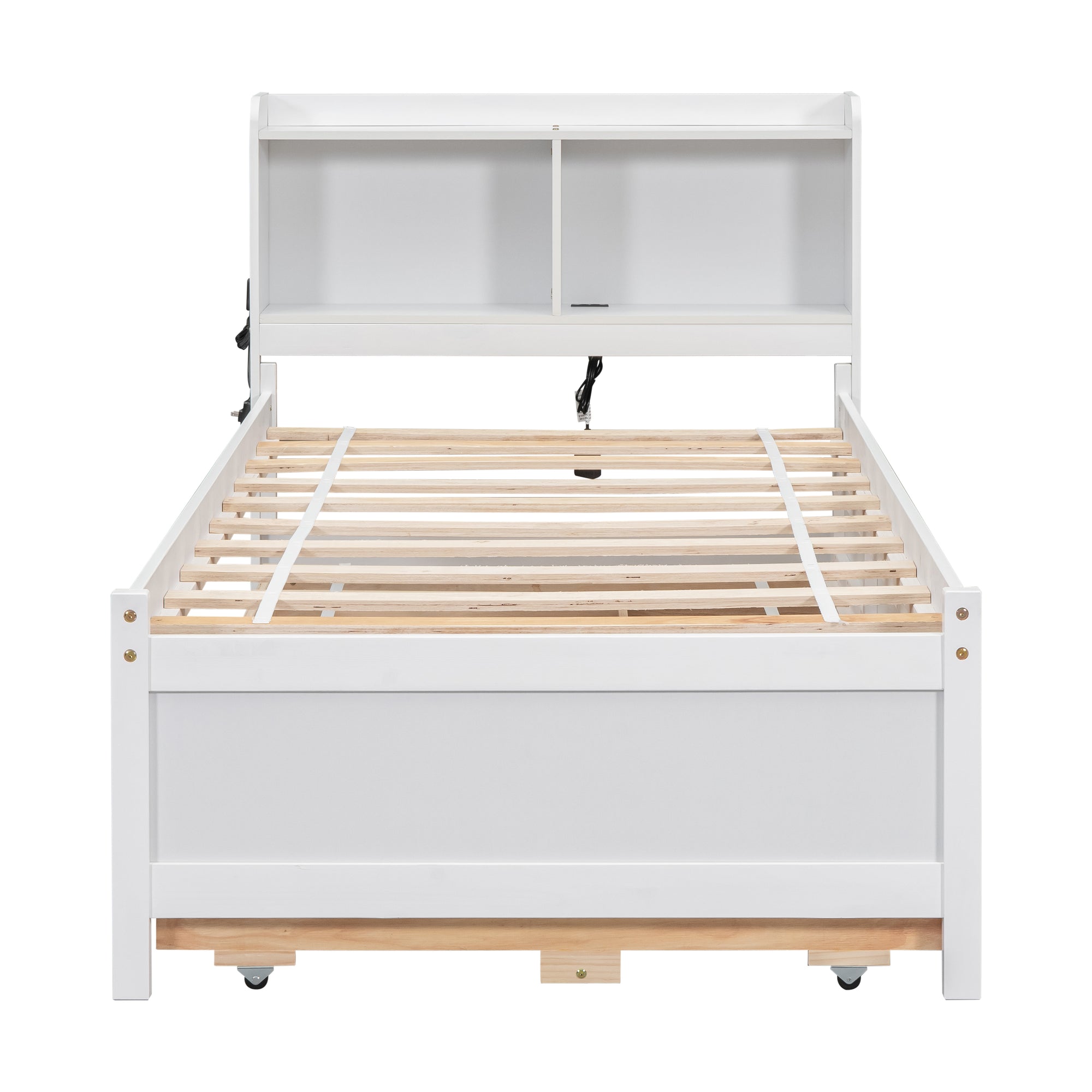 Twin Bed with USB & Type-C Ports, LED Lights, Bookcase Headboard, Trundle & 3 Drawers In White