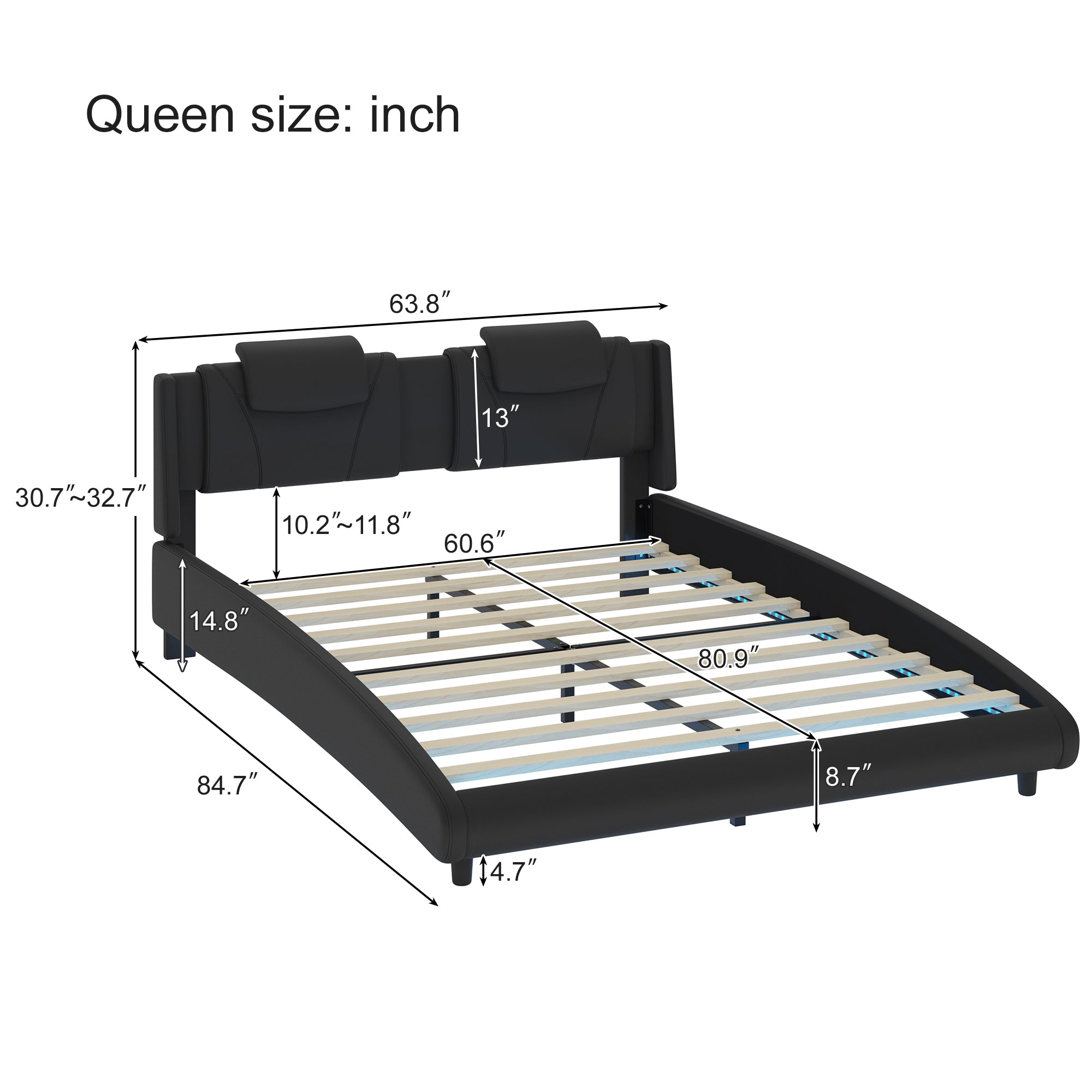 Queen Faux Leather Bed Frame with Adjustable Sit Up Headboard and LED Lighting