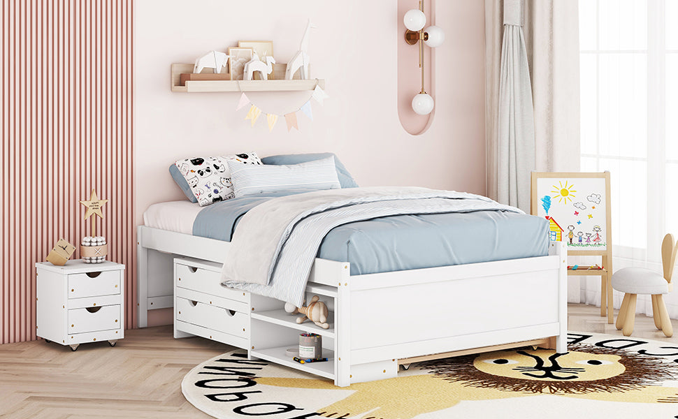 White Versatile Full Bed & Nightstand with Trundle and Underbed Storage Box