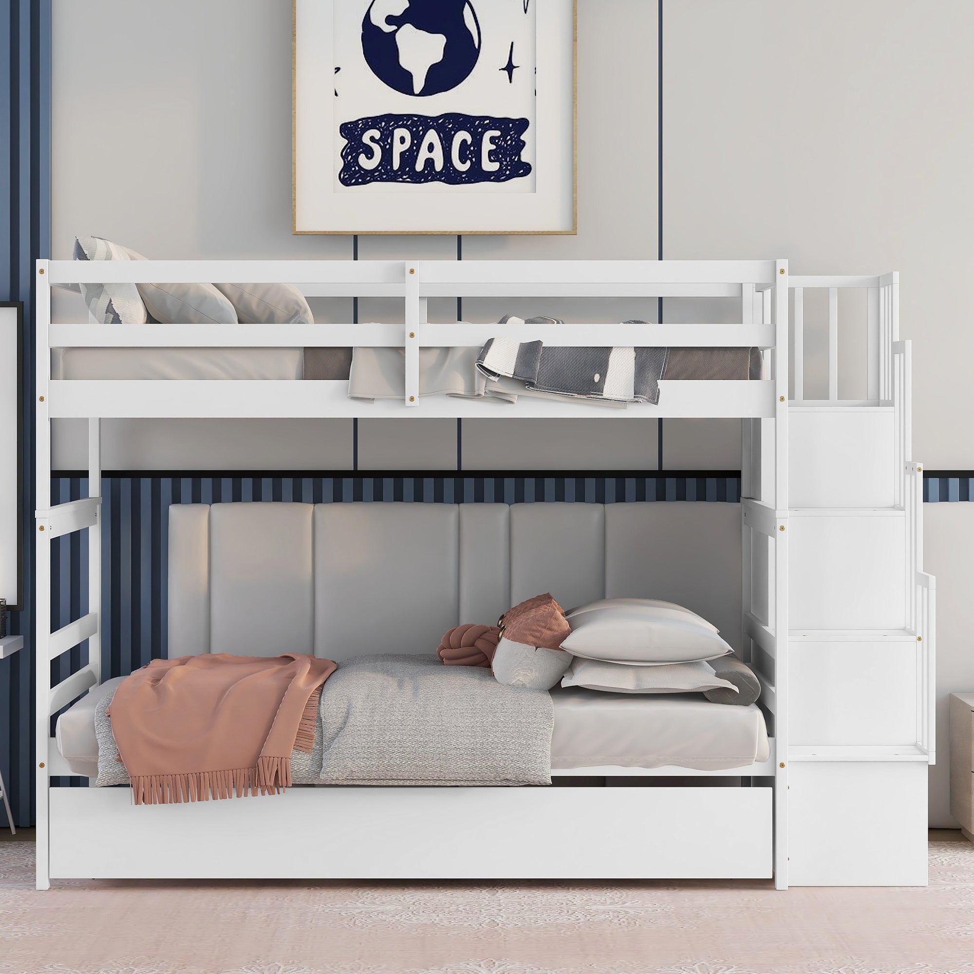 Twin Over Twin Bunk Bed With Twin Trundle & Stairway In White Solid Wood