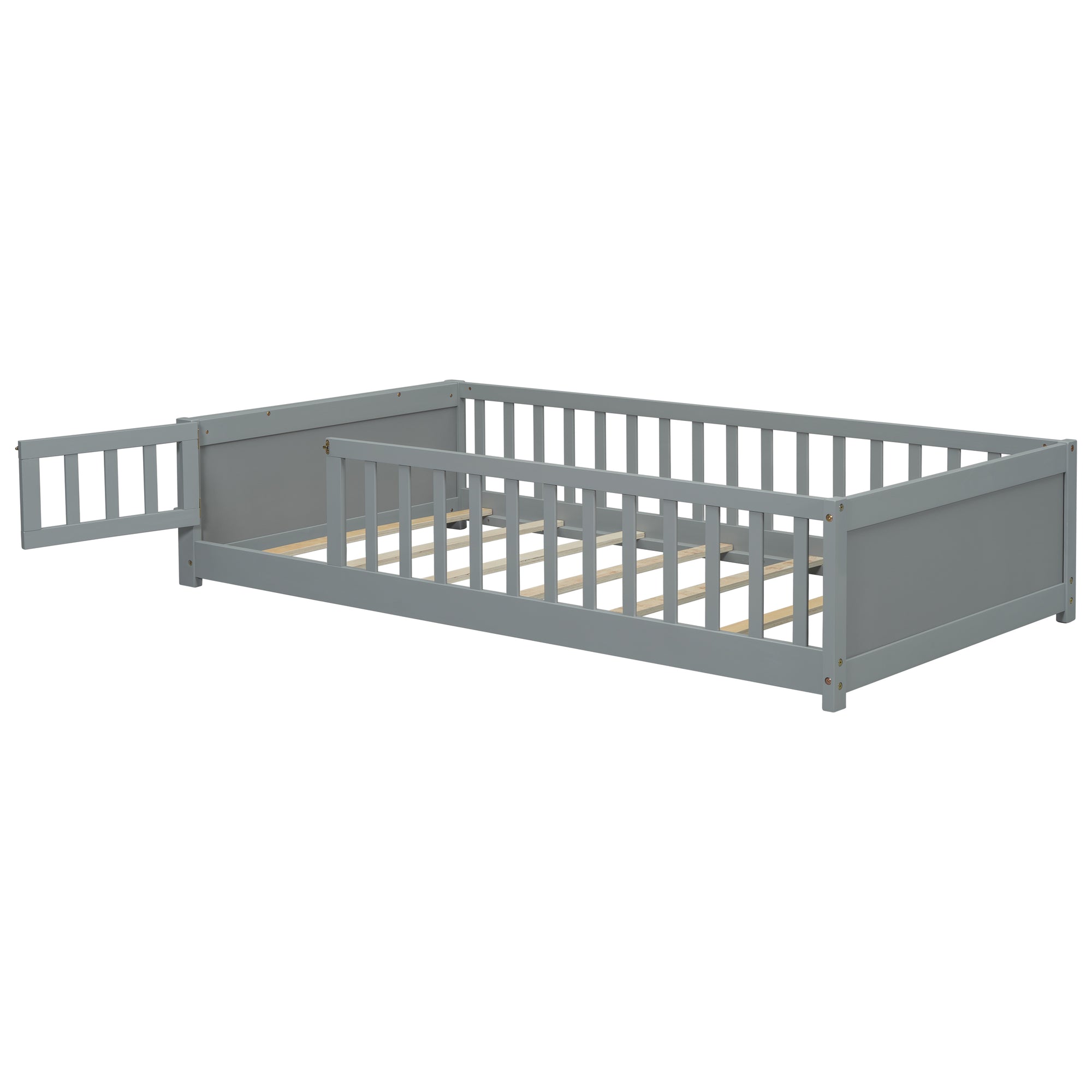 Gray Twin-Size Toddler Floor Platform Bed with Built-in Book Storage and Safety Guardrails