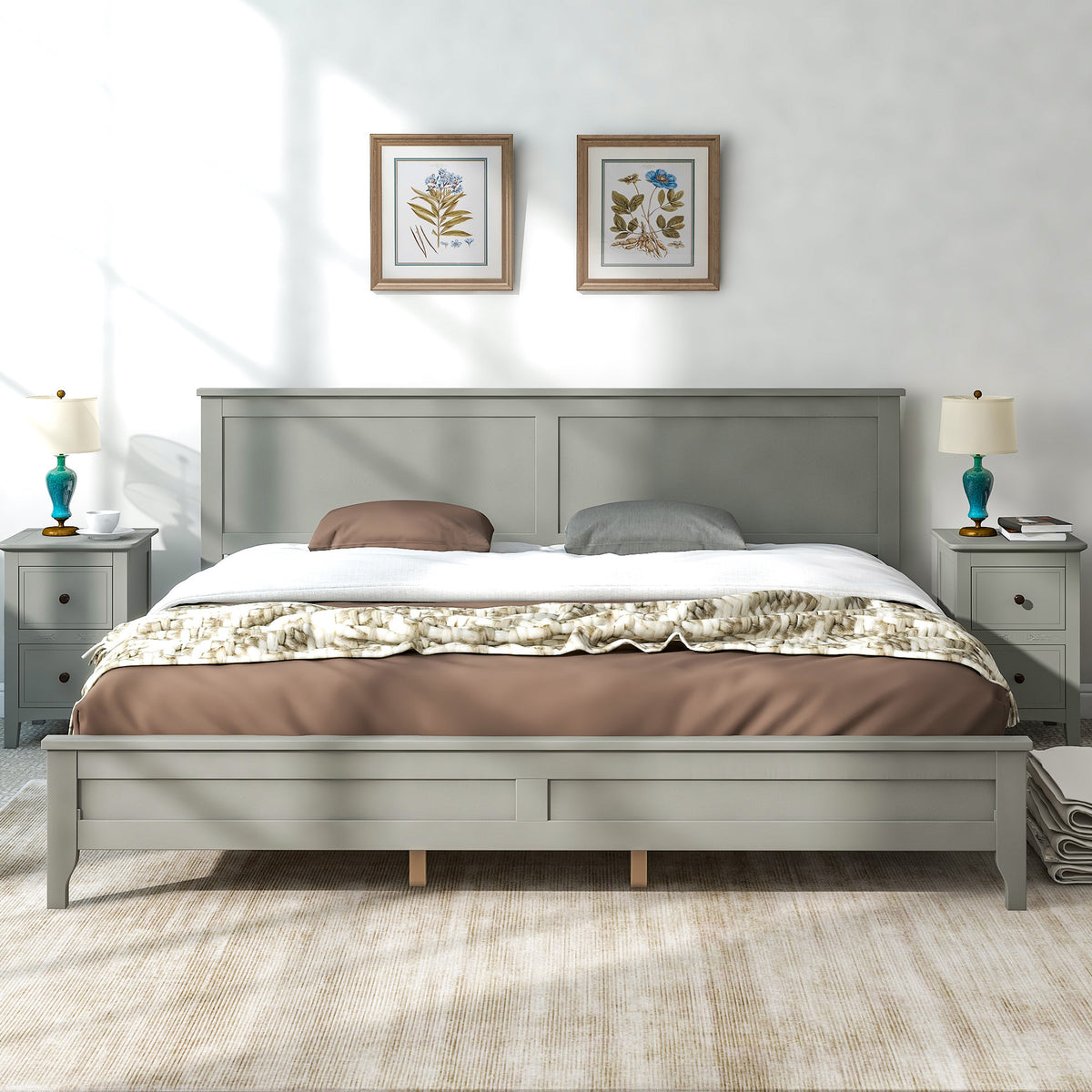 Gray King Bed Frame with Slat Headboard On Solid Wood Platform