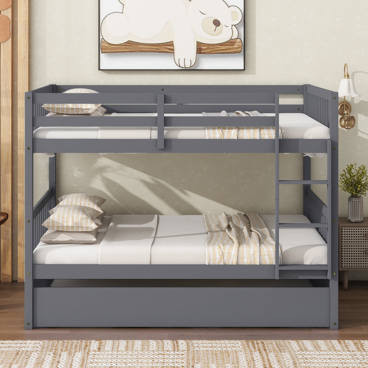 Dark Gray Full Over Full Rubber Wood Bunk Bed with Trundle, Ladder, and Guardrails