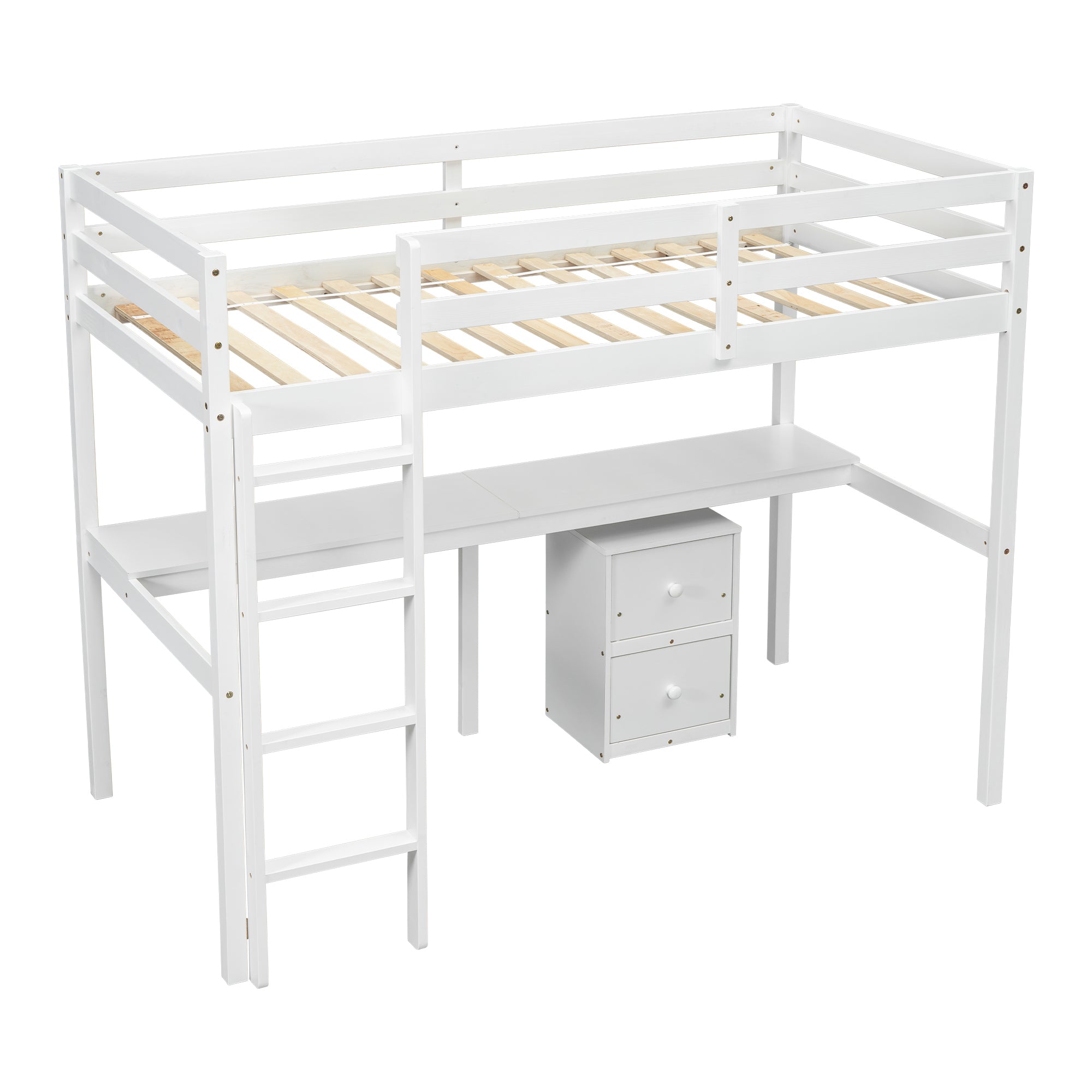 White Twin Loft Bed with Built-in Desk, Storage Cabinet, Guardrails & Ladder