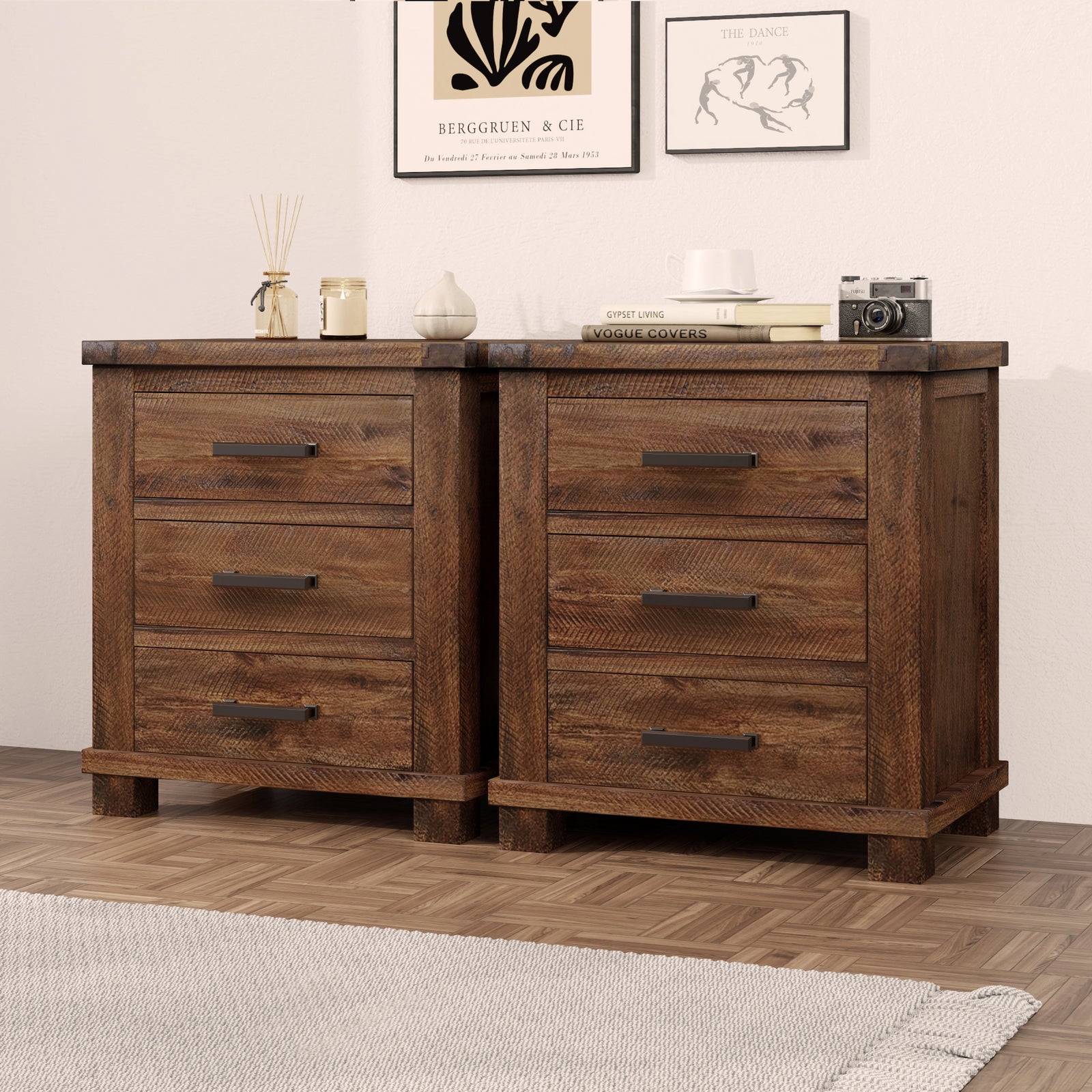 24" Natural Brown Solid Wood Rustic 3 Drawer Nightstand Set