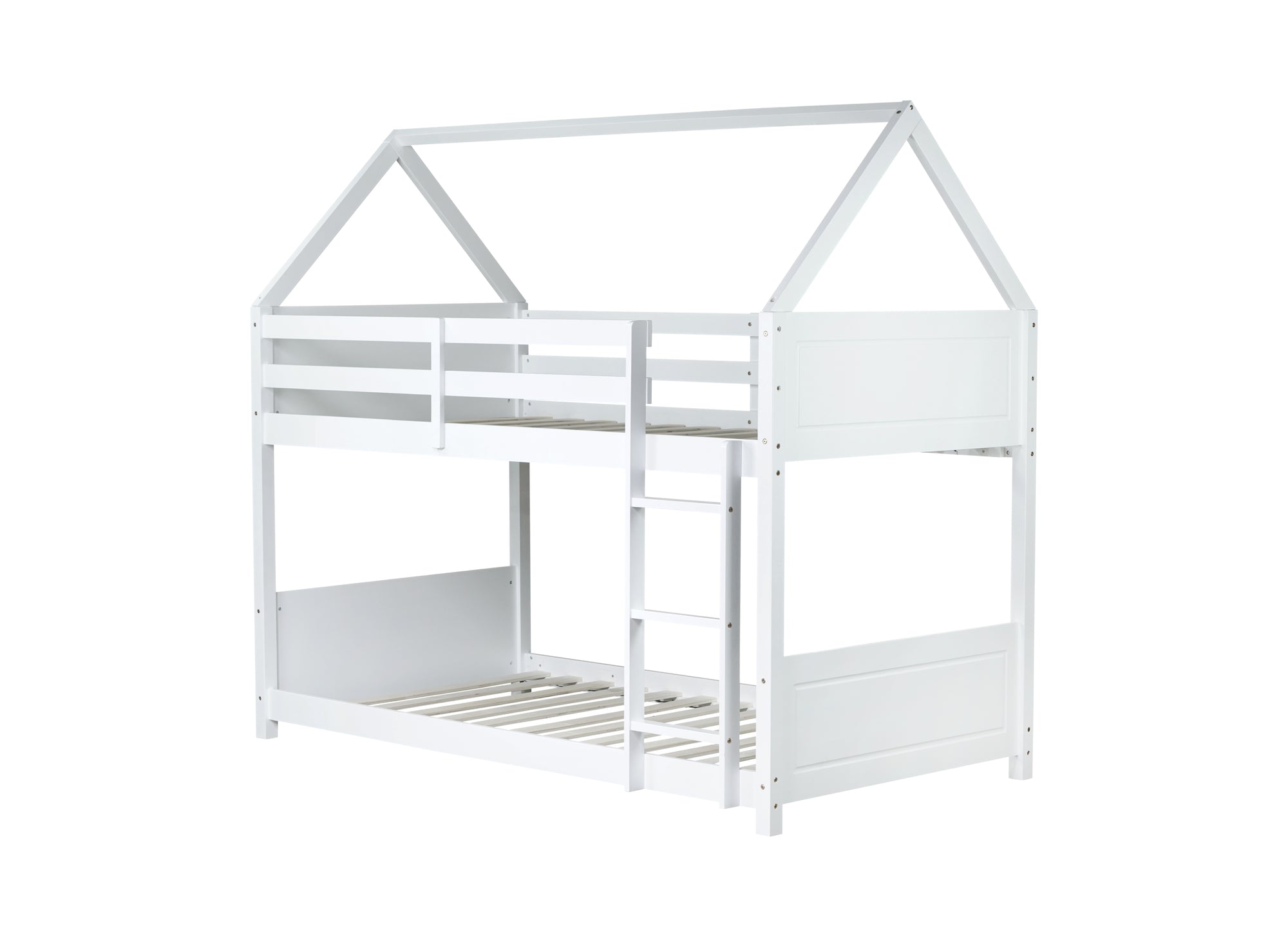 Twin Over Twin House Floor Bunk Bed with Guardrails and Ladder