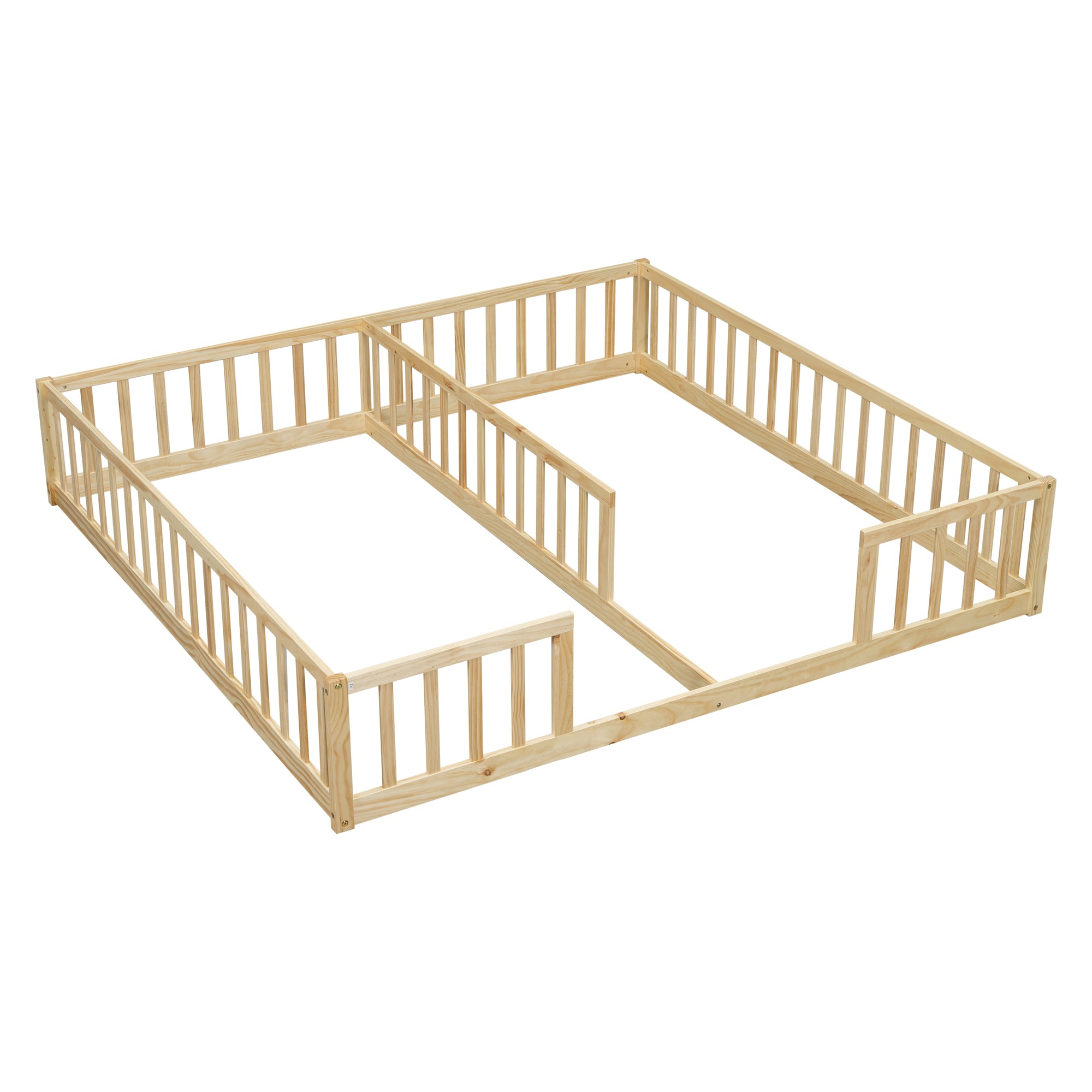 Double Twin Toddler Floor Bed with Fence and Guardrails in Natural Tones