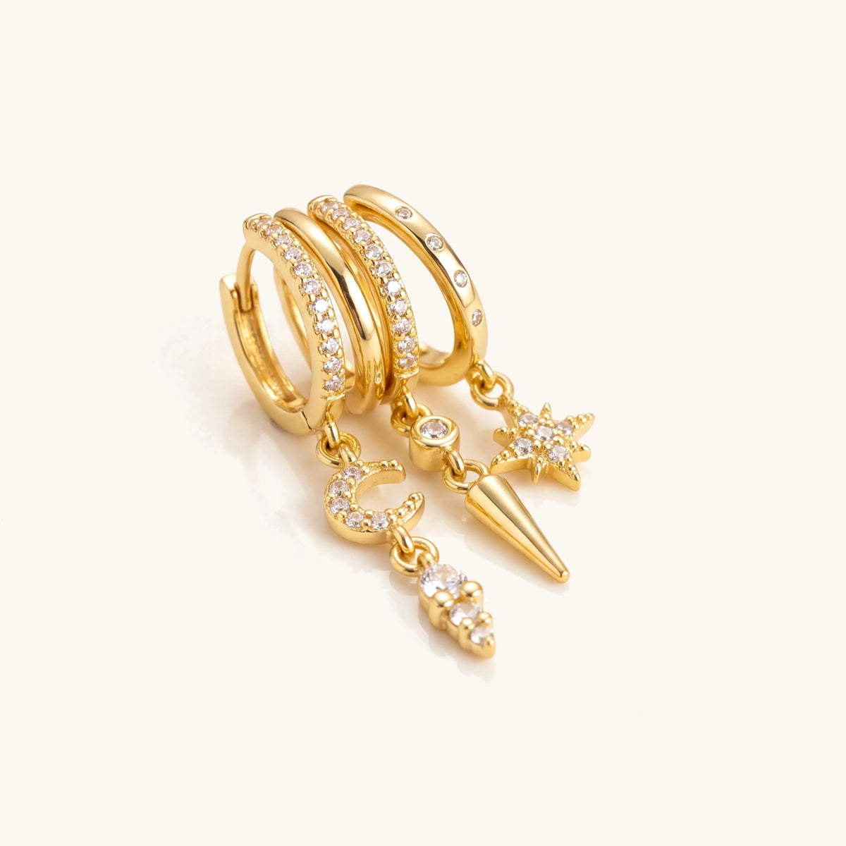 14k Triple Huggie Dangle Earrings Pair – close-up of the triple dangle detail