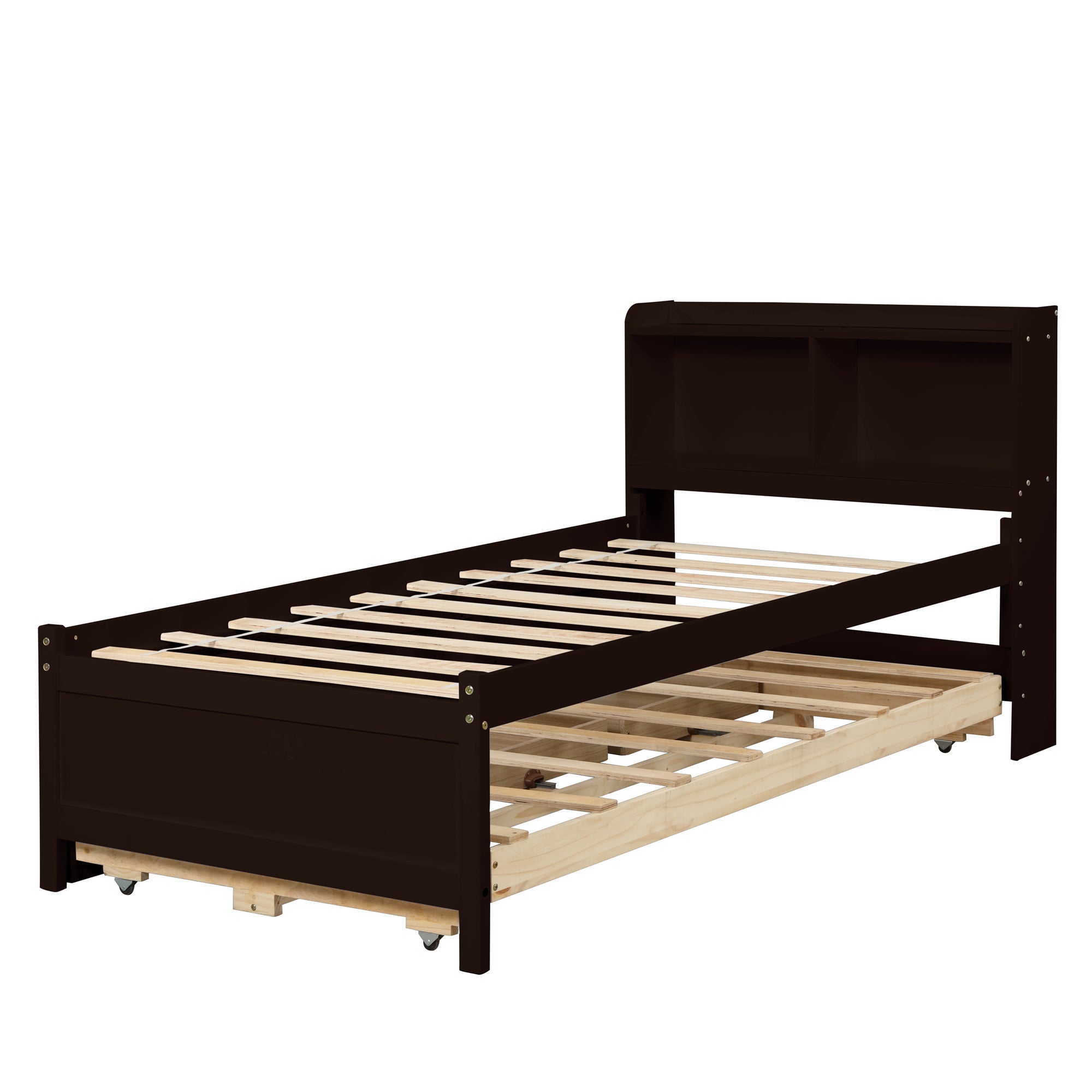 Twin Size Bed with Storage Integrated Headboard, Trundle & Drawers in Espresso