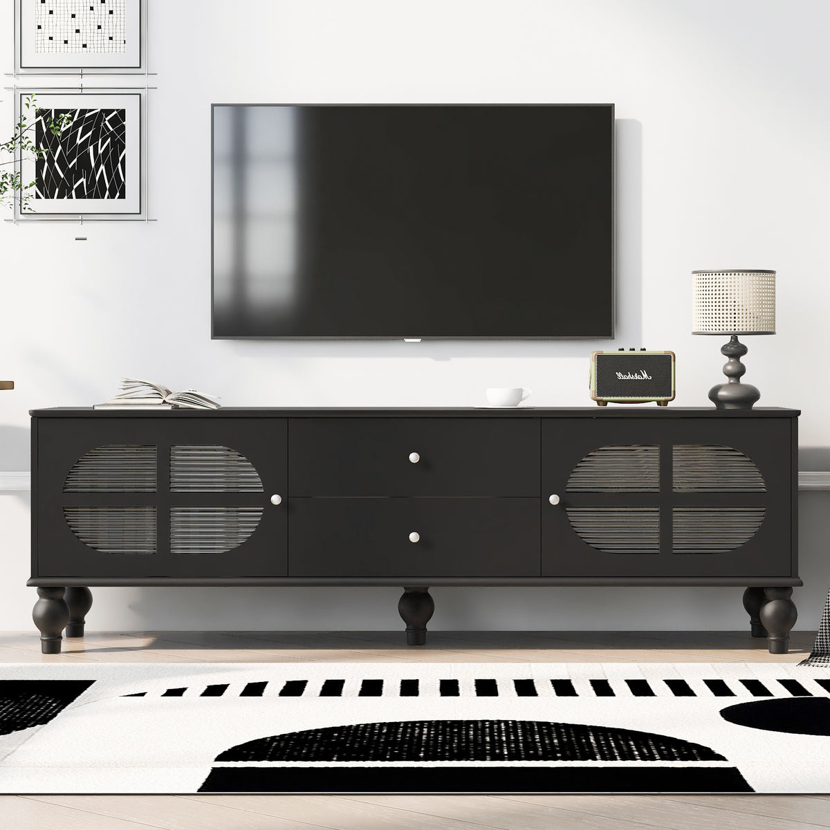 Modern 68.9&#39;&#39; TV Stand for TVs up to 75 Inches, Media Console with Fluted Glass Doors and Solid Wood Legs In Black