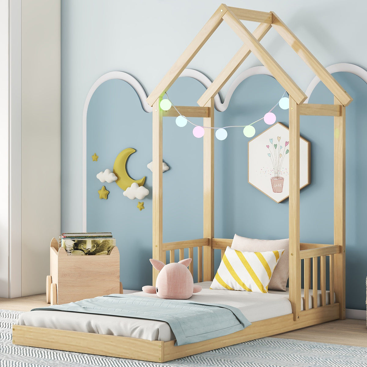 Natural Twin House-Shaped Roof Headboard Toddler Floor Bed