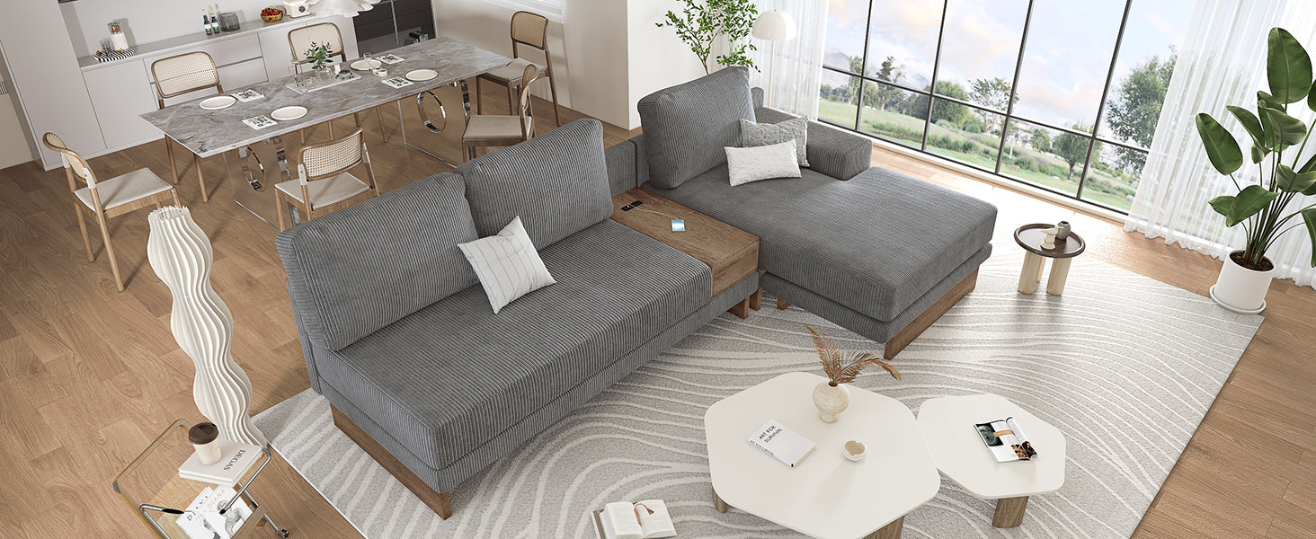 Osaka Sectional Sofa with Storage Drawer in Gray Corduroy