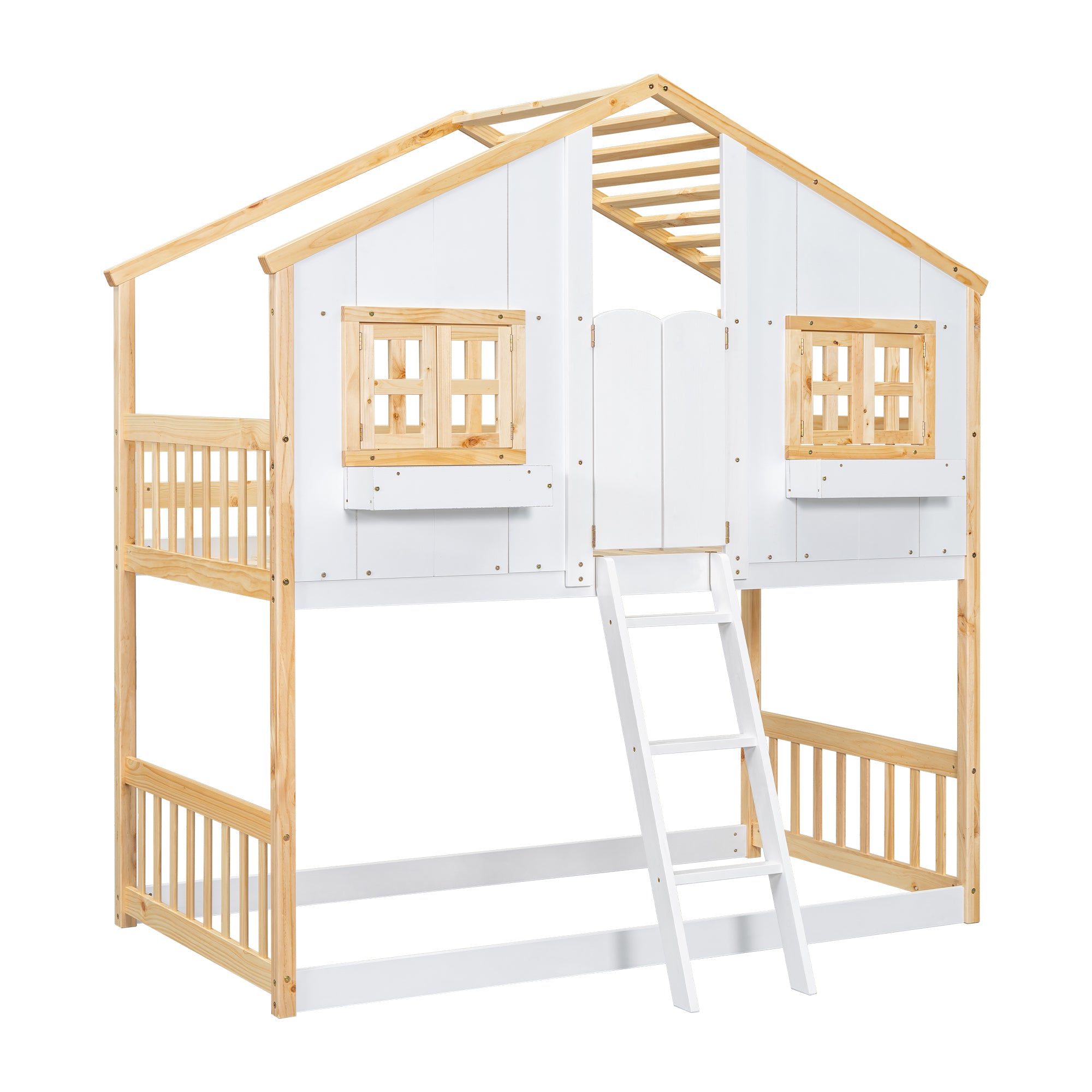 Twin Over Twin House Bunk Bed with Roof, Window, and Door in Natural and White Tones