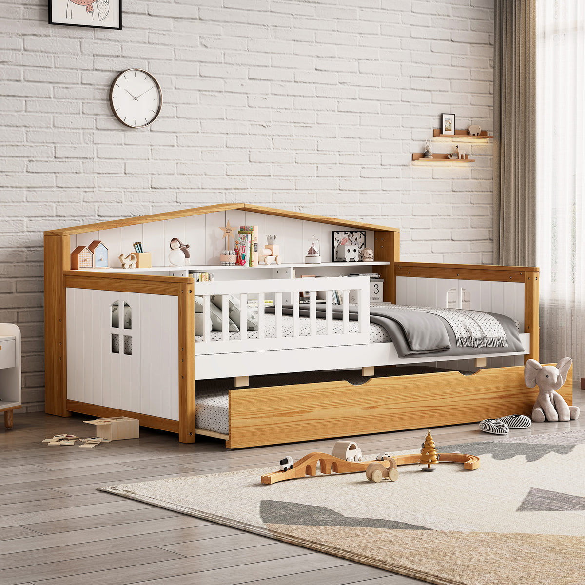 Twin Size Toddler Safety Bed Frame with Trundle &amp; Fence Guardrails