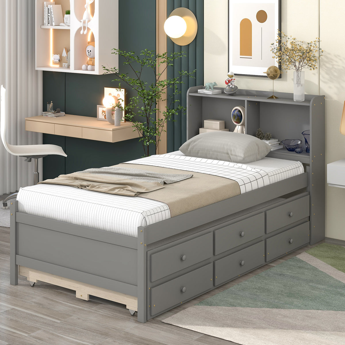 Twin Bed with Bookcase, Trundle, and Storage Drawers in Grey