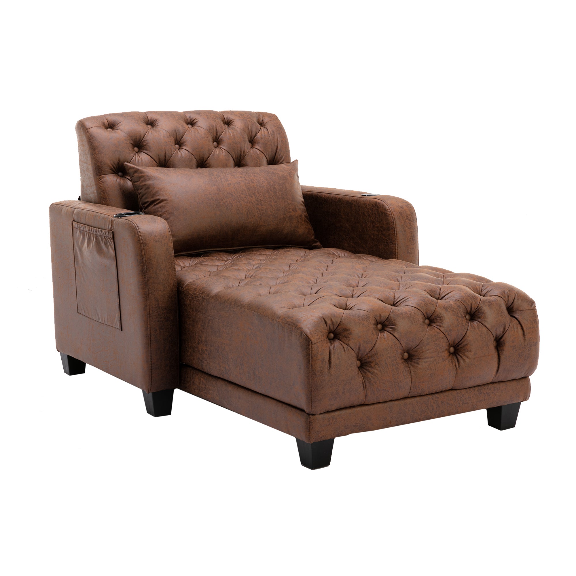 Reclining Tufted Chaise Lounge with Lumbar Pillow and Wireless Phone Charging in Brown