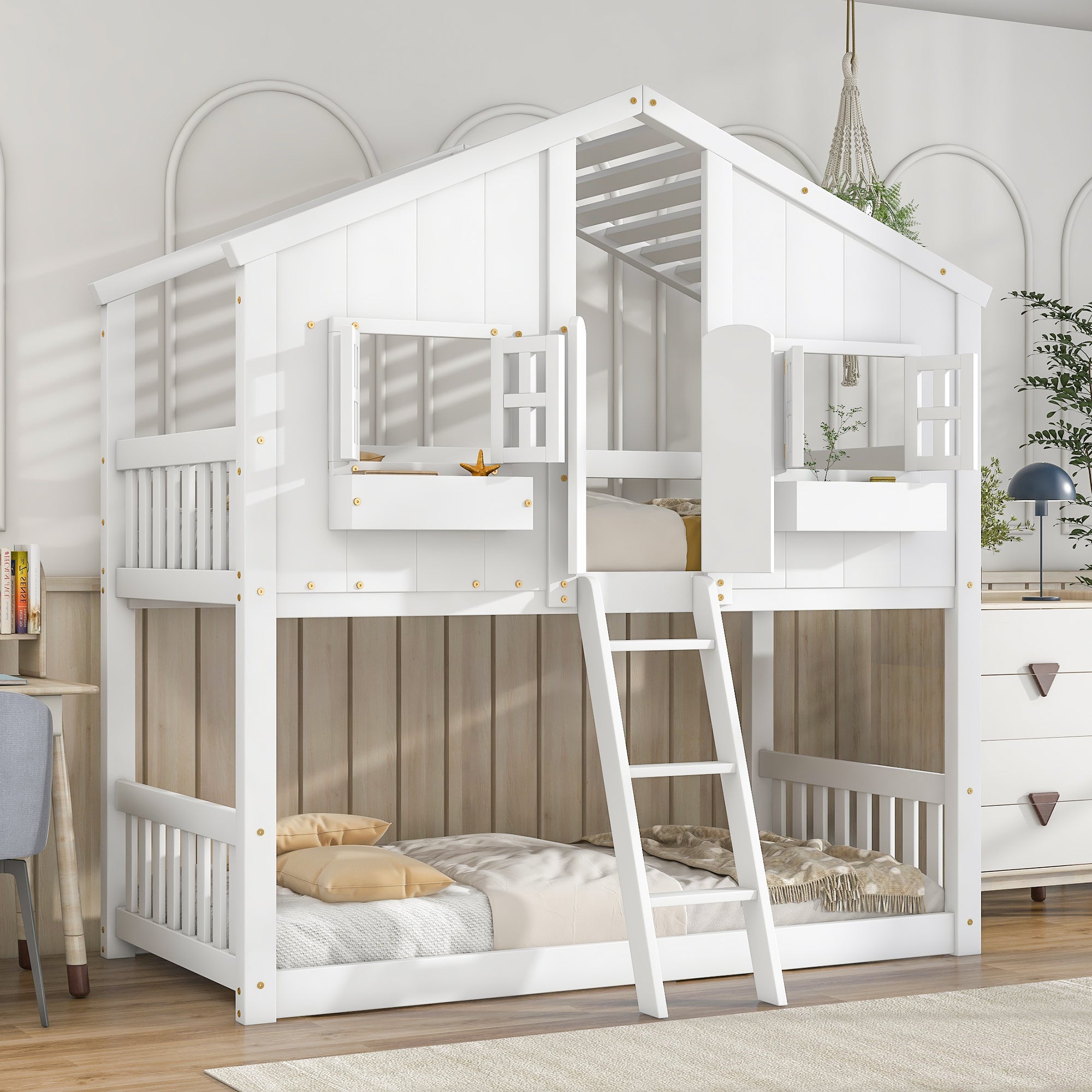 White Twin Over Twin Tree House Inspired Bunk Bed