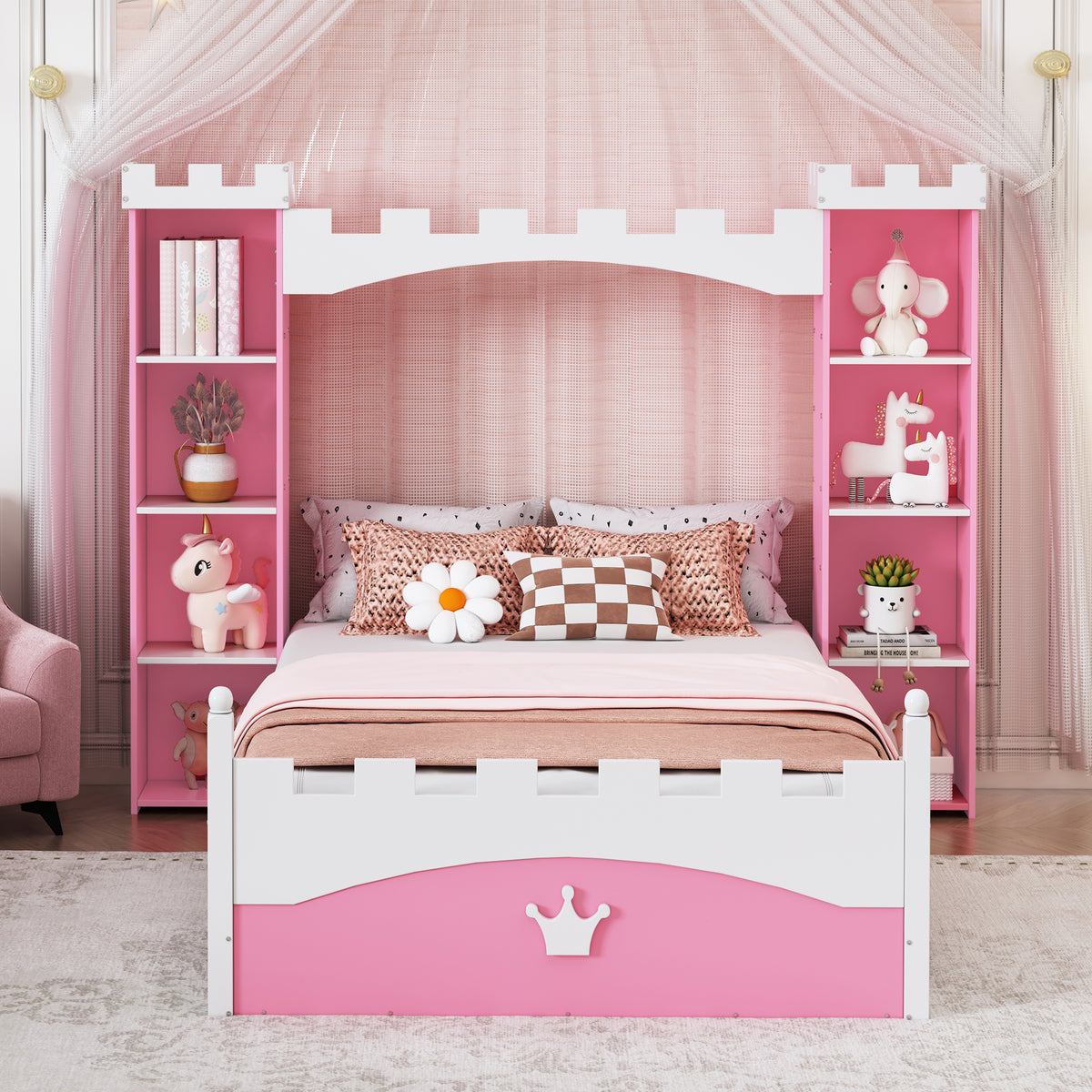 Castle-Shaped Wooden Bed with Storage Shelf for Kids Bedroom in Pink and White