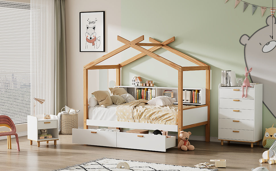 Full-Size House Bed with Storage Drawers and Bookshelves