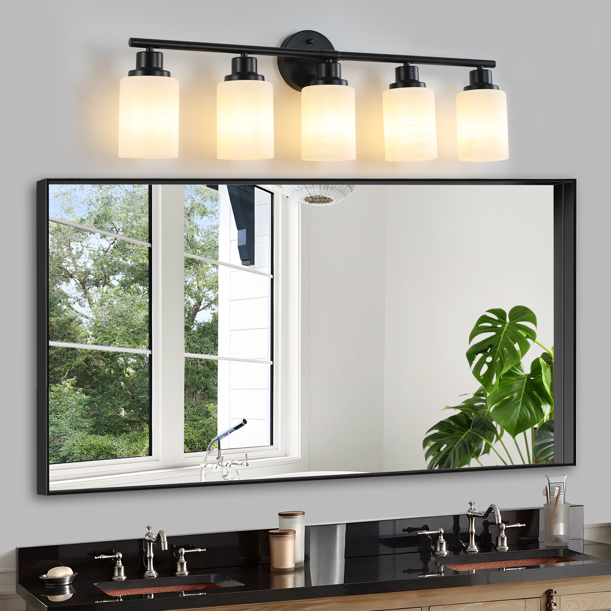 Aestin's 5-Light Vanity Light With Frosted White Glass with Black Iron Frame