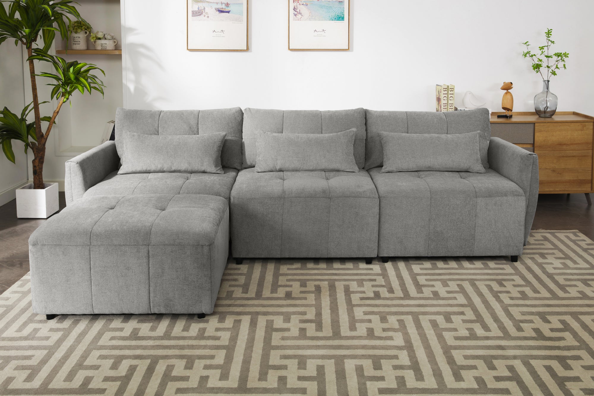 Khartoum Sectional Sofa with Movable Ottoman in Grey Chenille