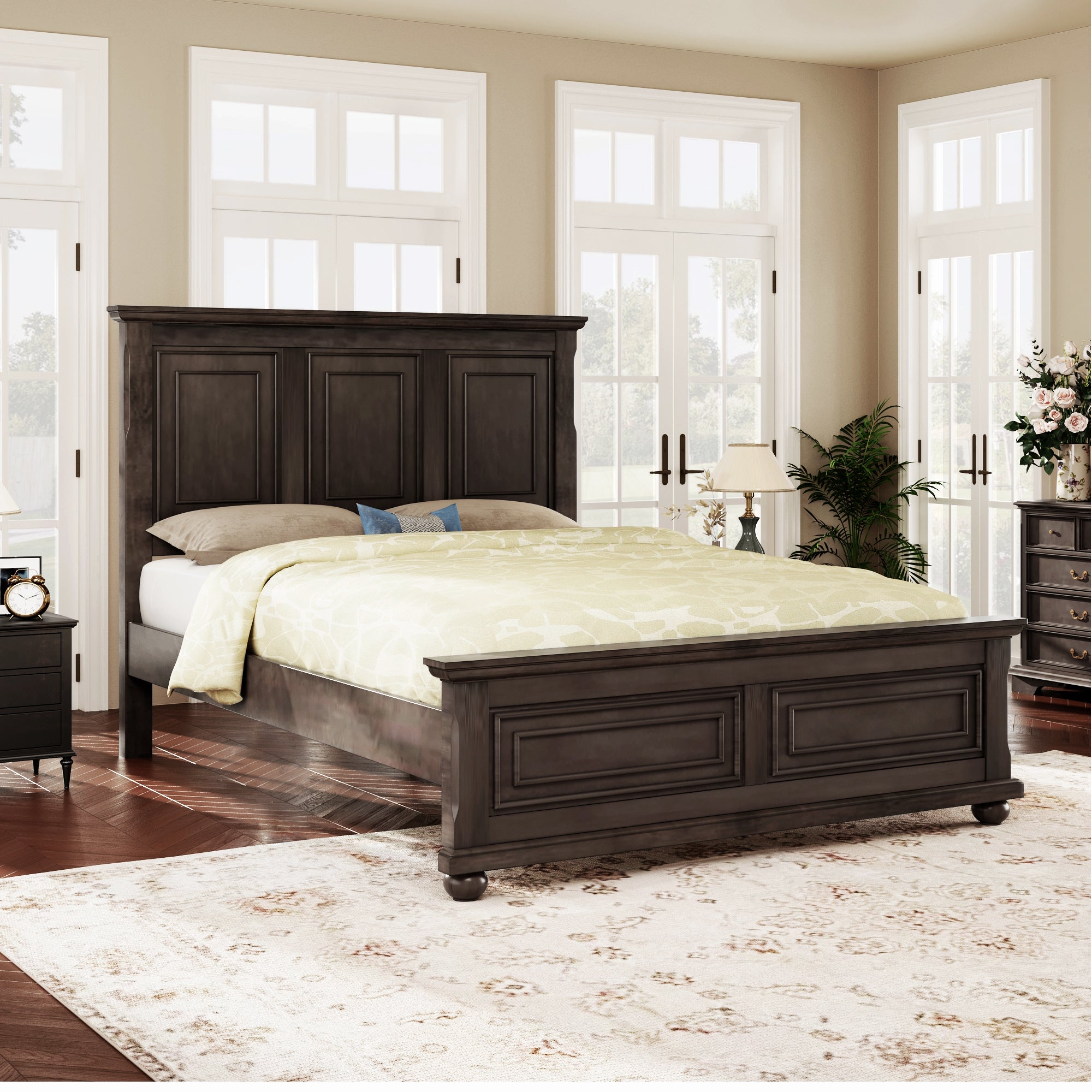 Rich Brown Queen Traditional Wooden Panel Bed Frame