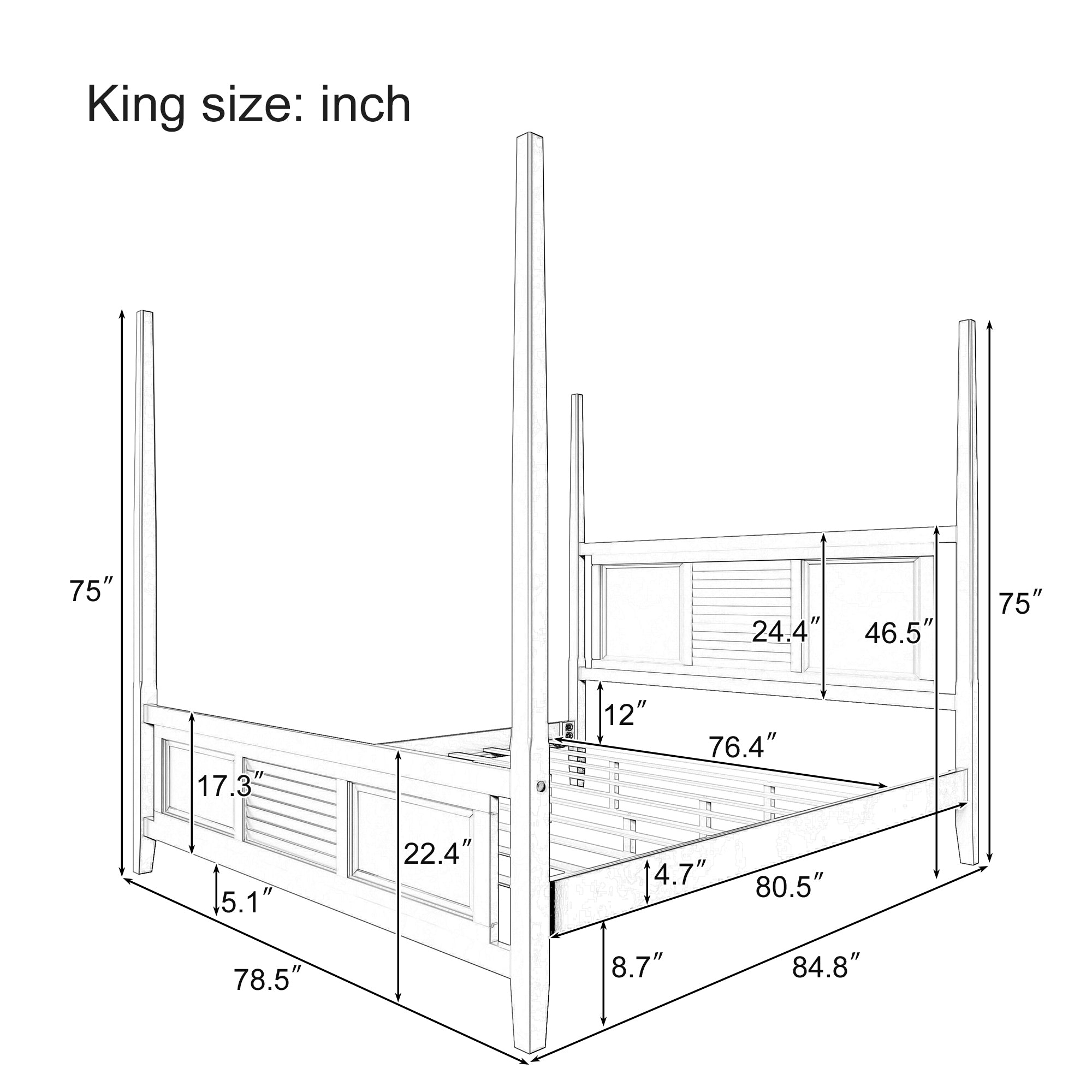 White Classic Solid Wood Four Poster King Bed with Horizontal Grille