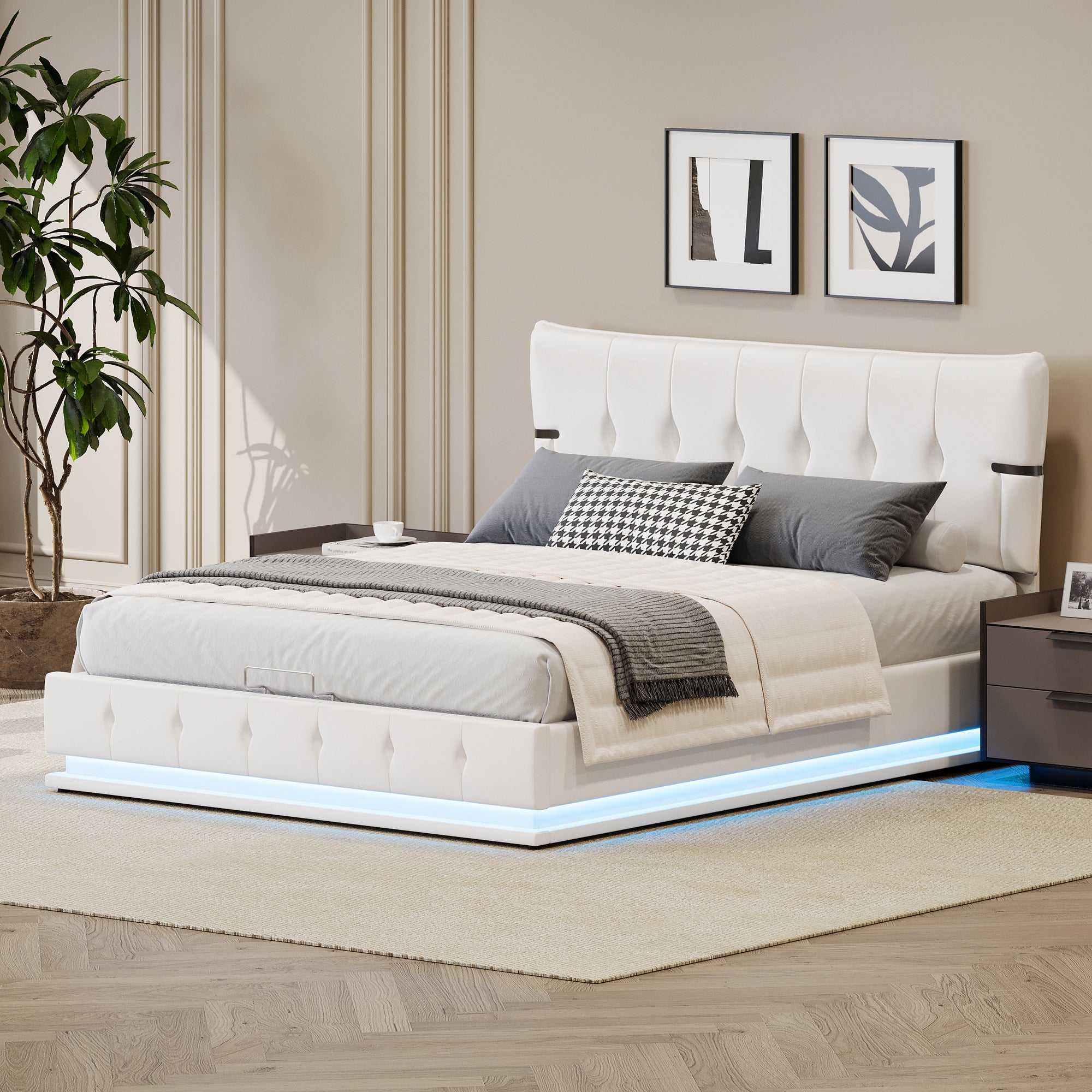 Full Size Hydraulic Storage Bed in White Faux Leather