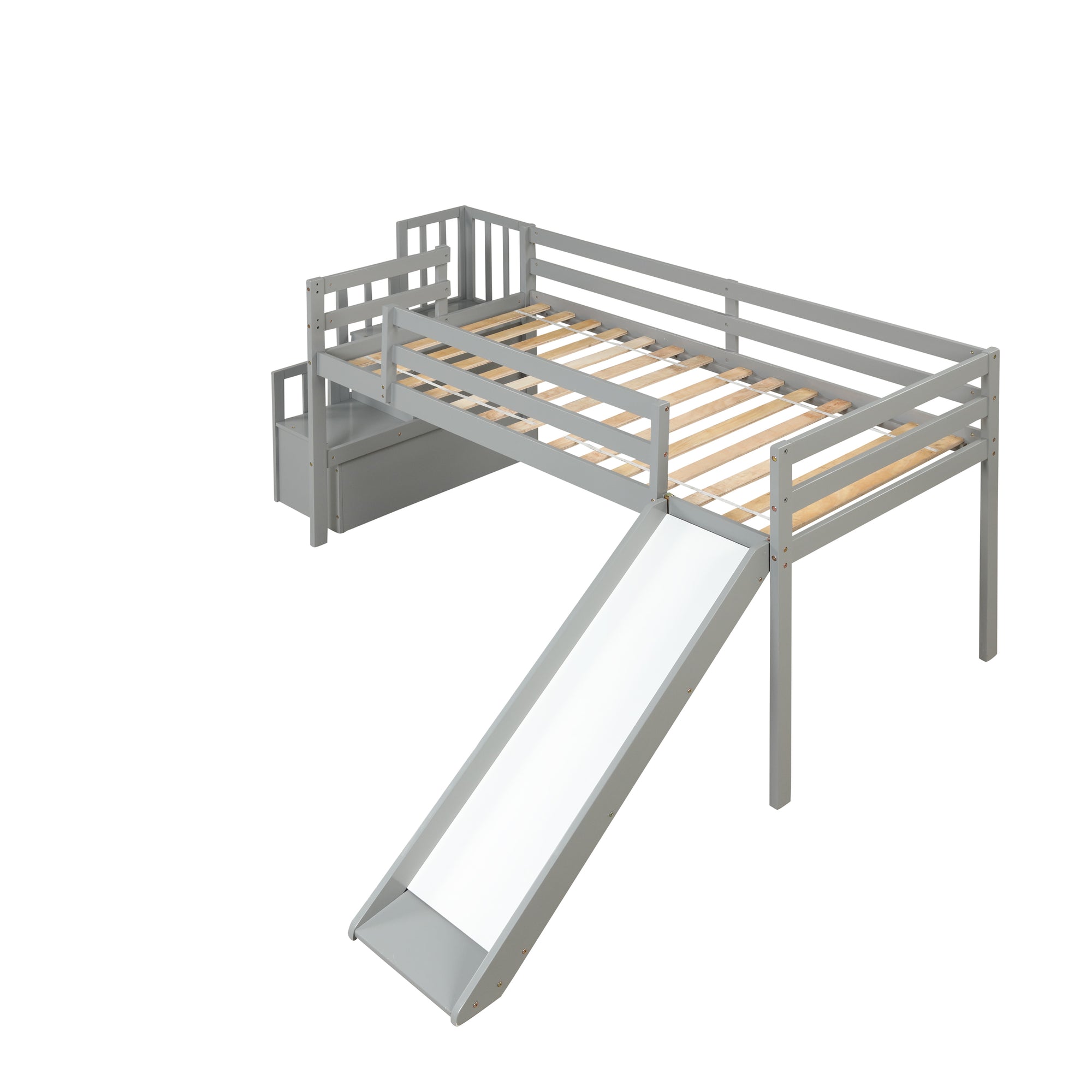 Gray Twin Loft Bed with Slide, Storage Staircase, and Full-Length Guardrails