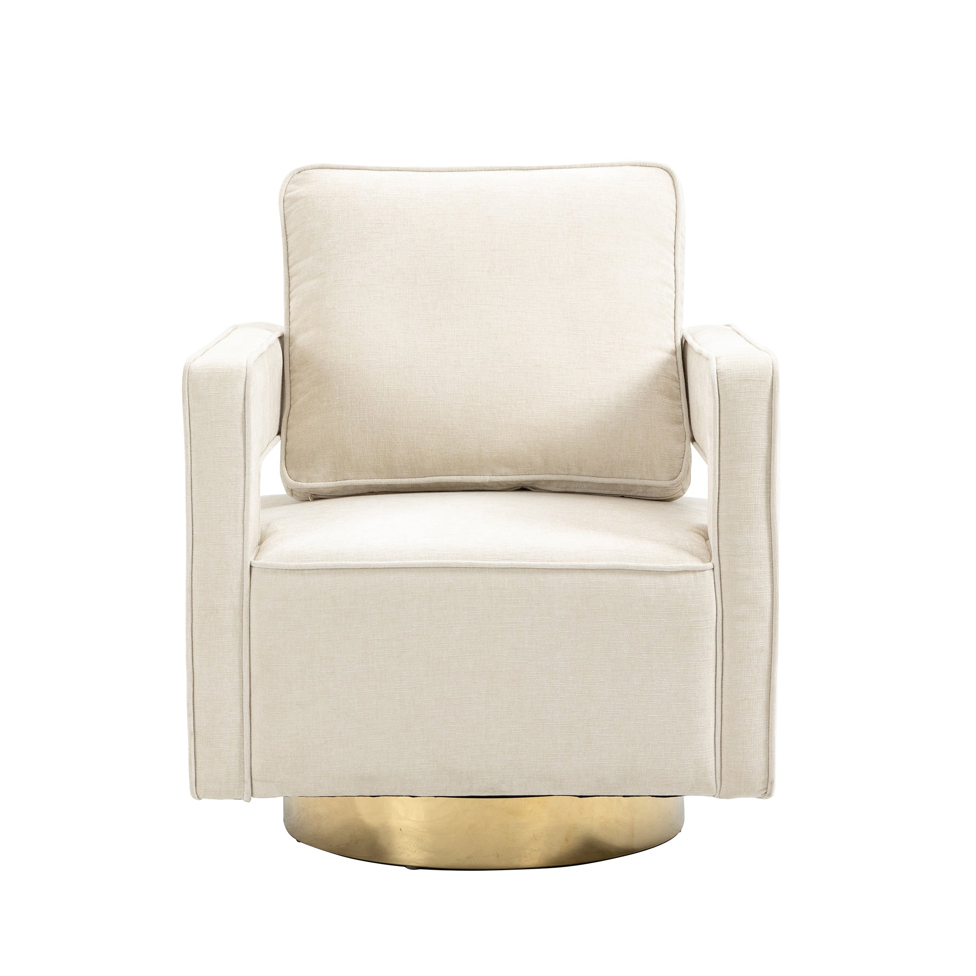 Open Back Beige Chenille Swivel Accent Chair With Gold Stainless Steel Base