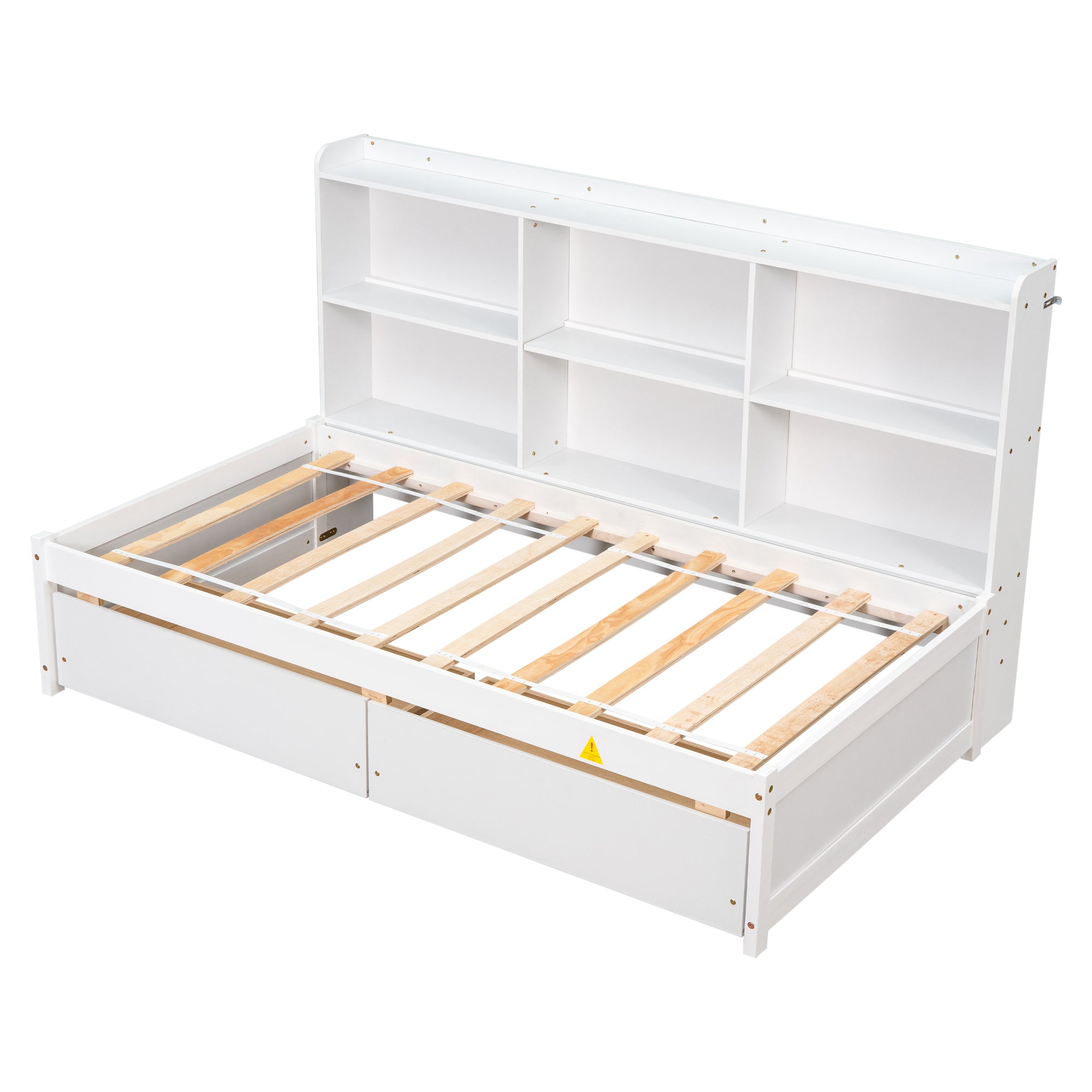 White Twin Bed with Side Bookcase and Storage Drawers