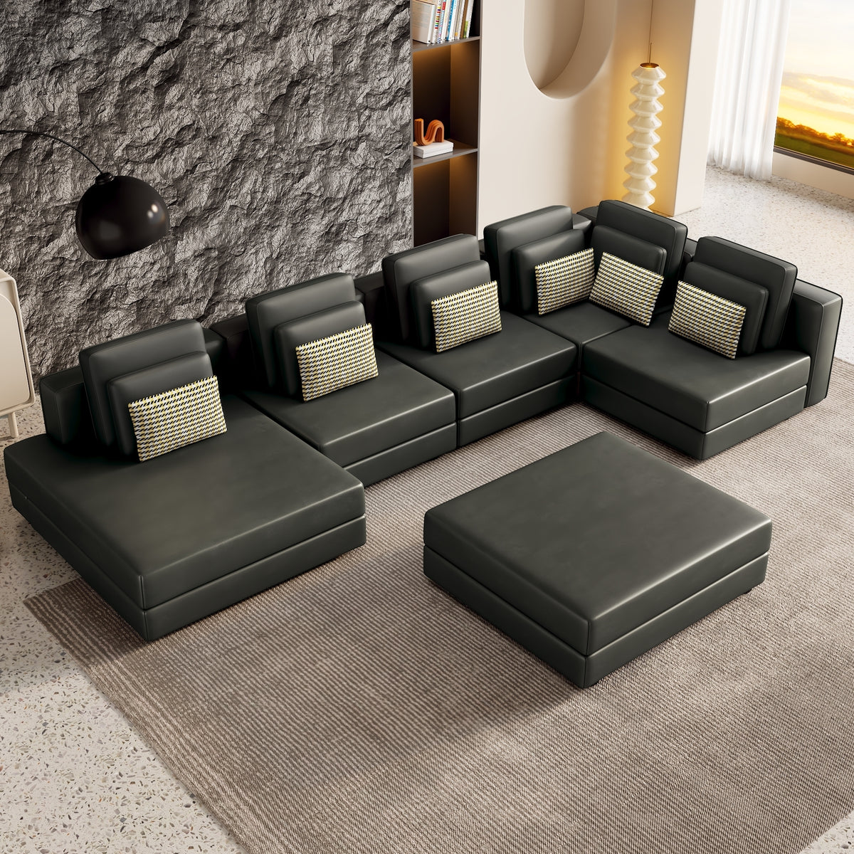 Casablanca Modular Sectional Sofa with Movable Ottoman in Black Palomino