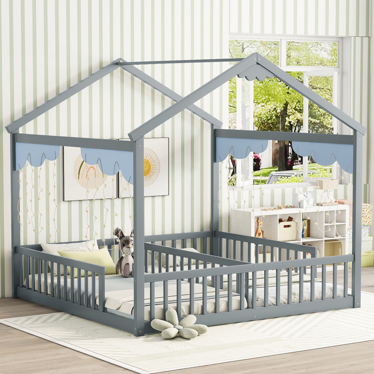 Gray Double Twin House-Style Toddler Floor Bed with Fence and Guardrails