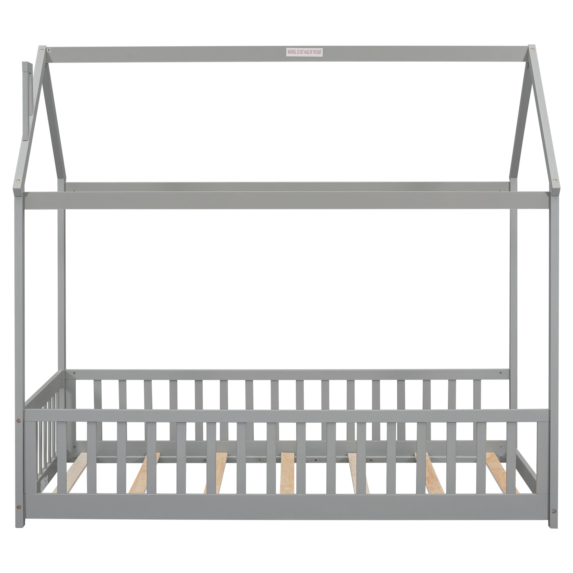 Gray Twin House Bed with Guardrails and Slats