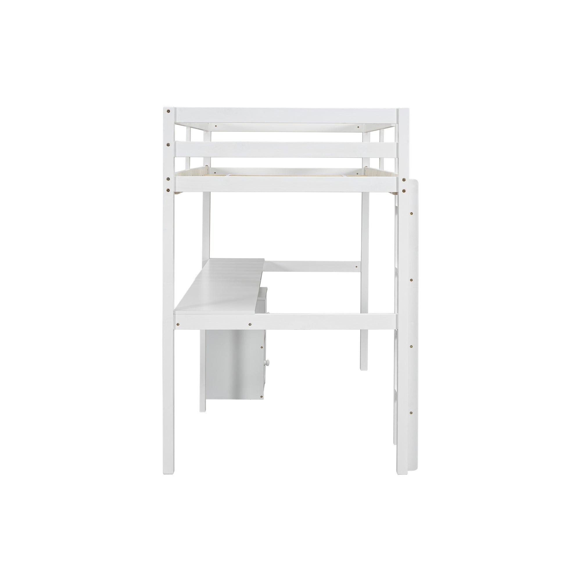 White Twin Loft Bed with Built-in Desk, Storage Cabinet, Guardrails & Ladder