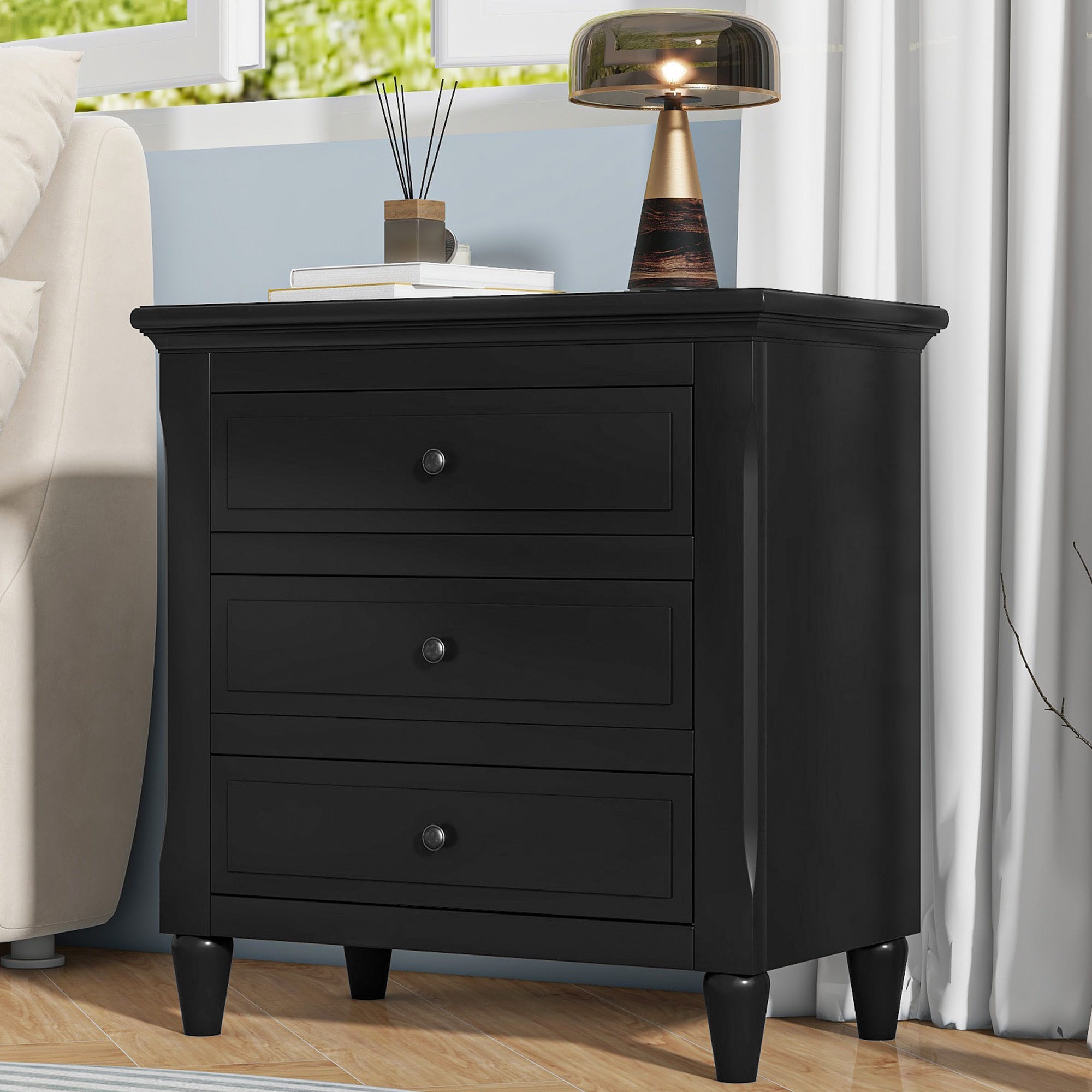 3-Drawer Nightstand Storage Wood Cabinet In Black