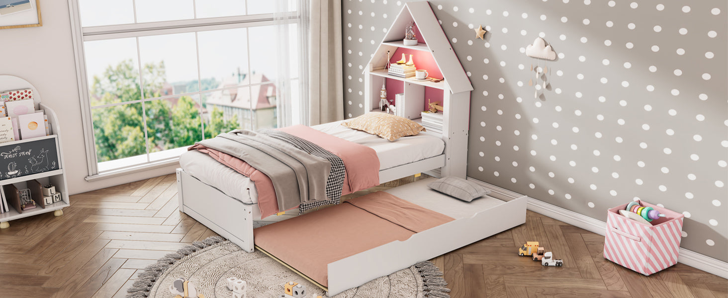 Twin Size Bed with Bookcase Headboard, Motion-Activated Nightlight & Trundle